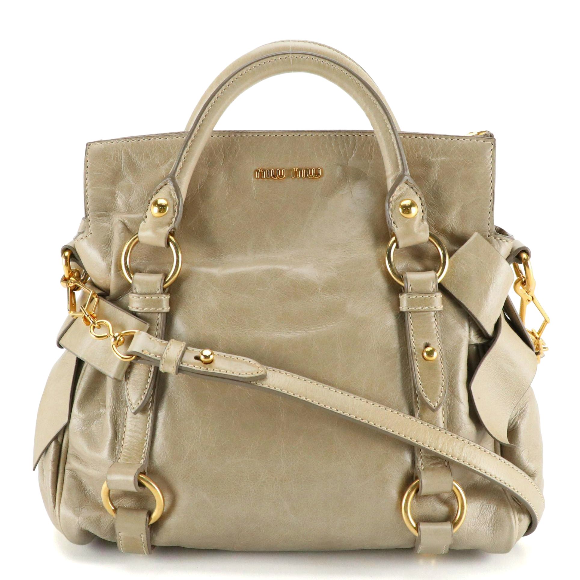 Miu Miu Two-Way Foldover Bow Satchel in Faded Sage Green Vitello Lux Leather