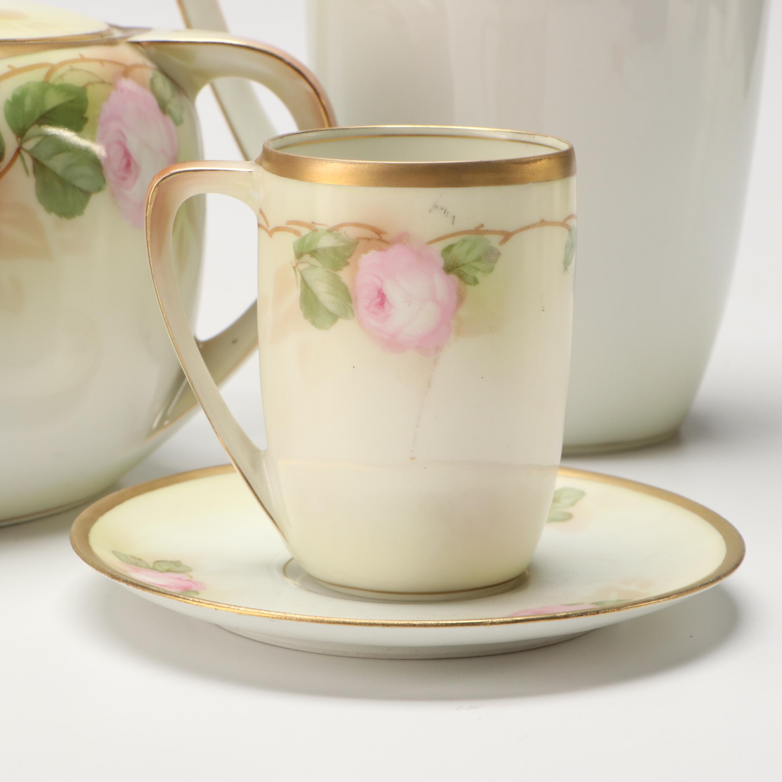 Tillowitz Hand-Painted Pitcher, Sugar Bowl, Cup and Saucer, Early to Mid 20th C.