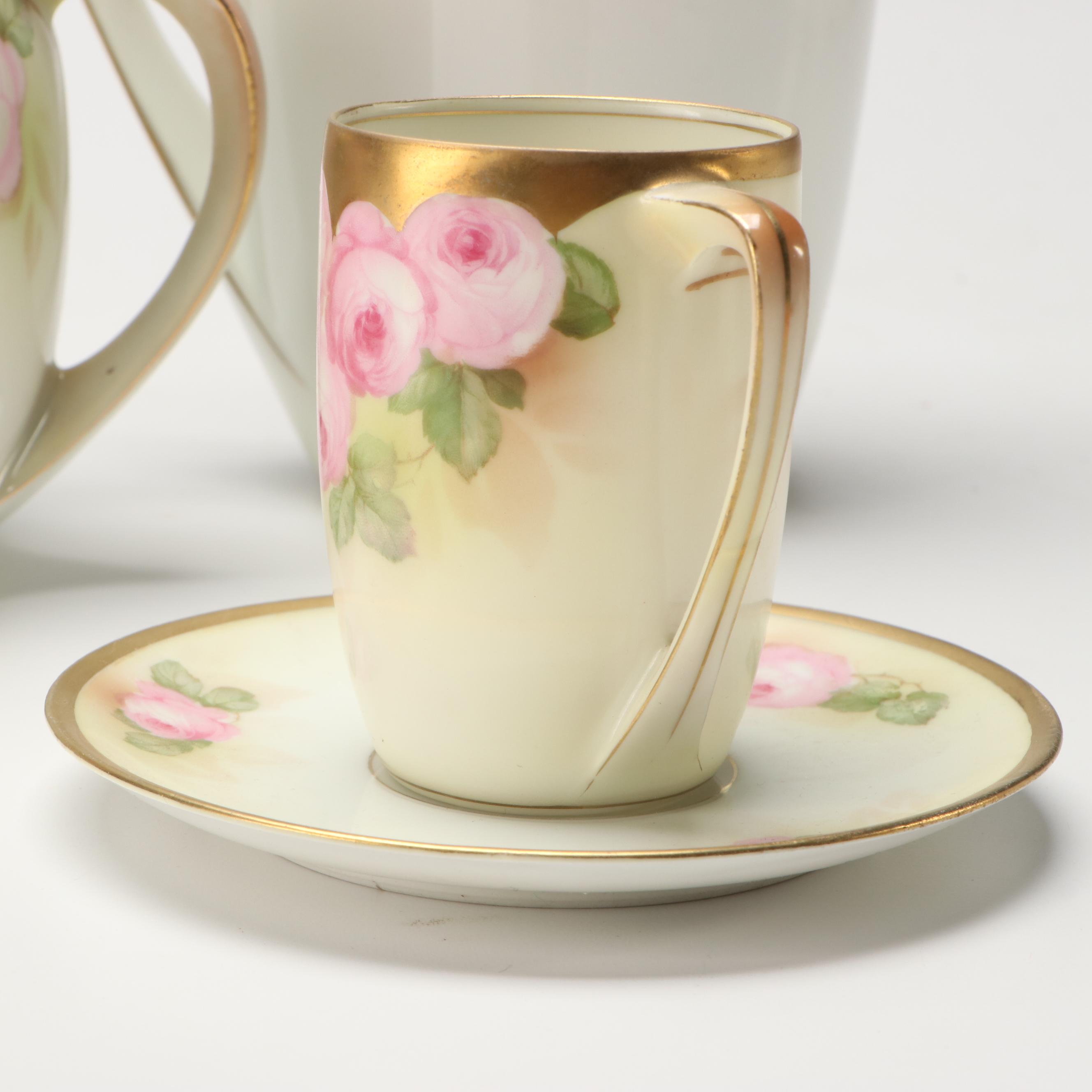 Tillowitz Hand-Painted Pitcher, Sugar Bowl, Cup and Saucer, Early to Mid 20th C.