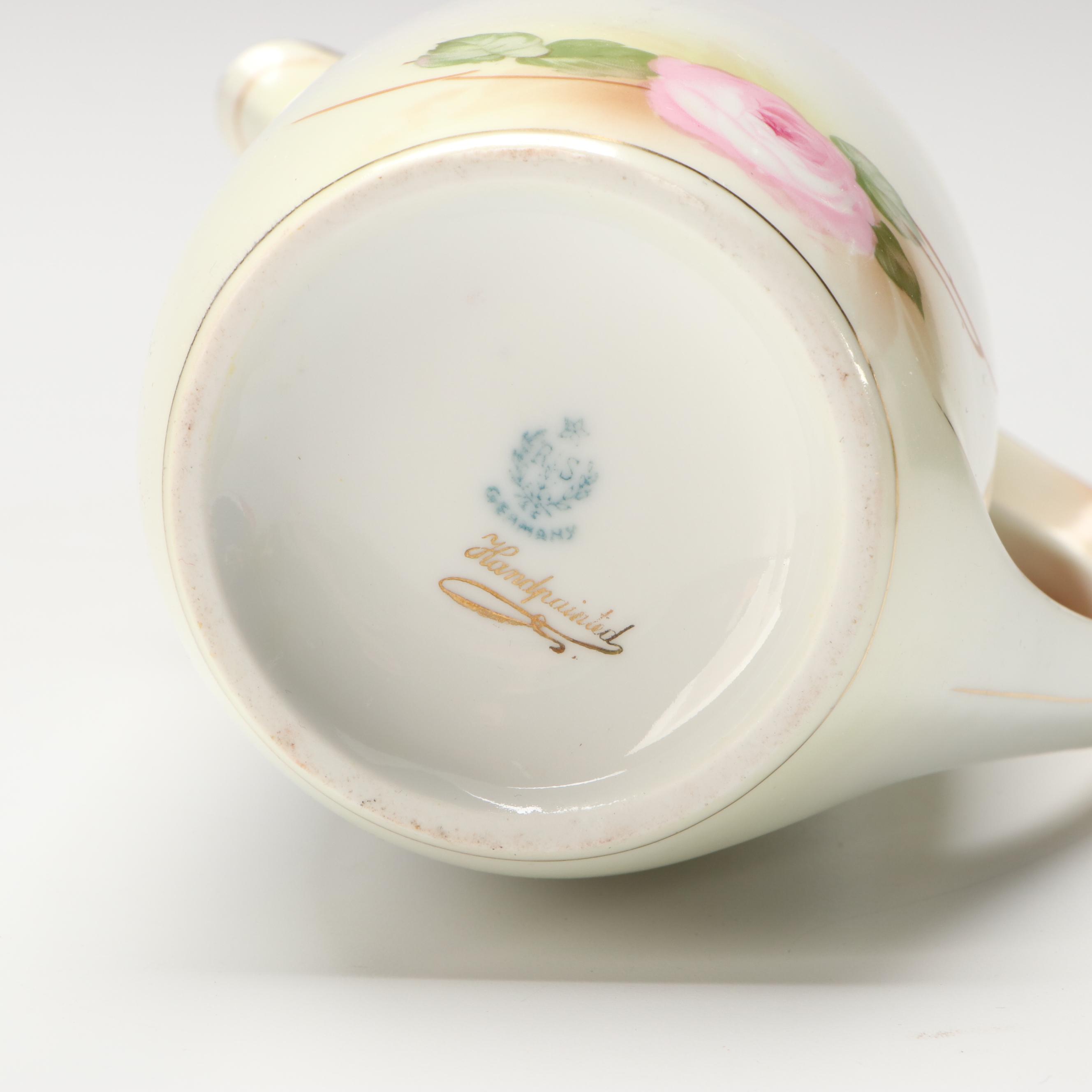 Tillowitz Hand-Painted Pitcher, Sugar Bowl, Cup and Saucer, Early to Mid 20th C.