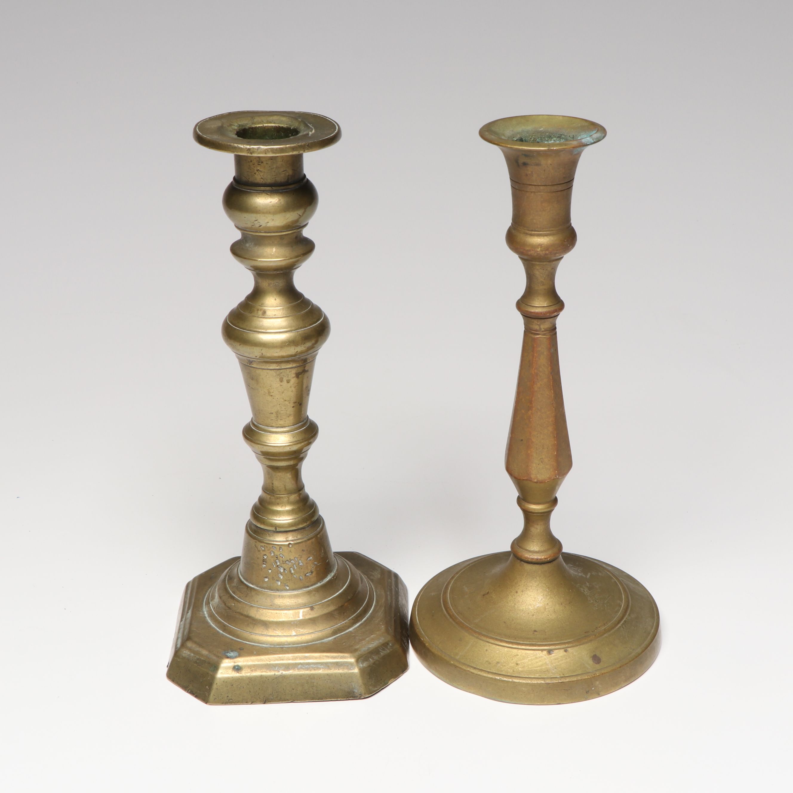 Pair of Lions of Judah Candelabra with Indian and Other Brass Candlesticks