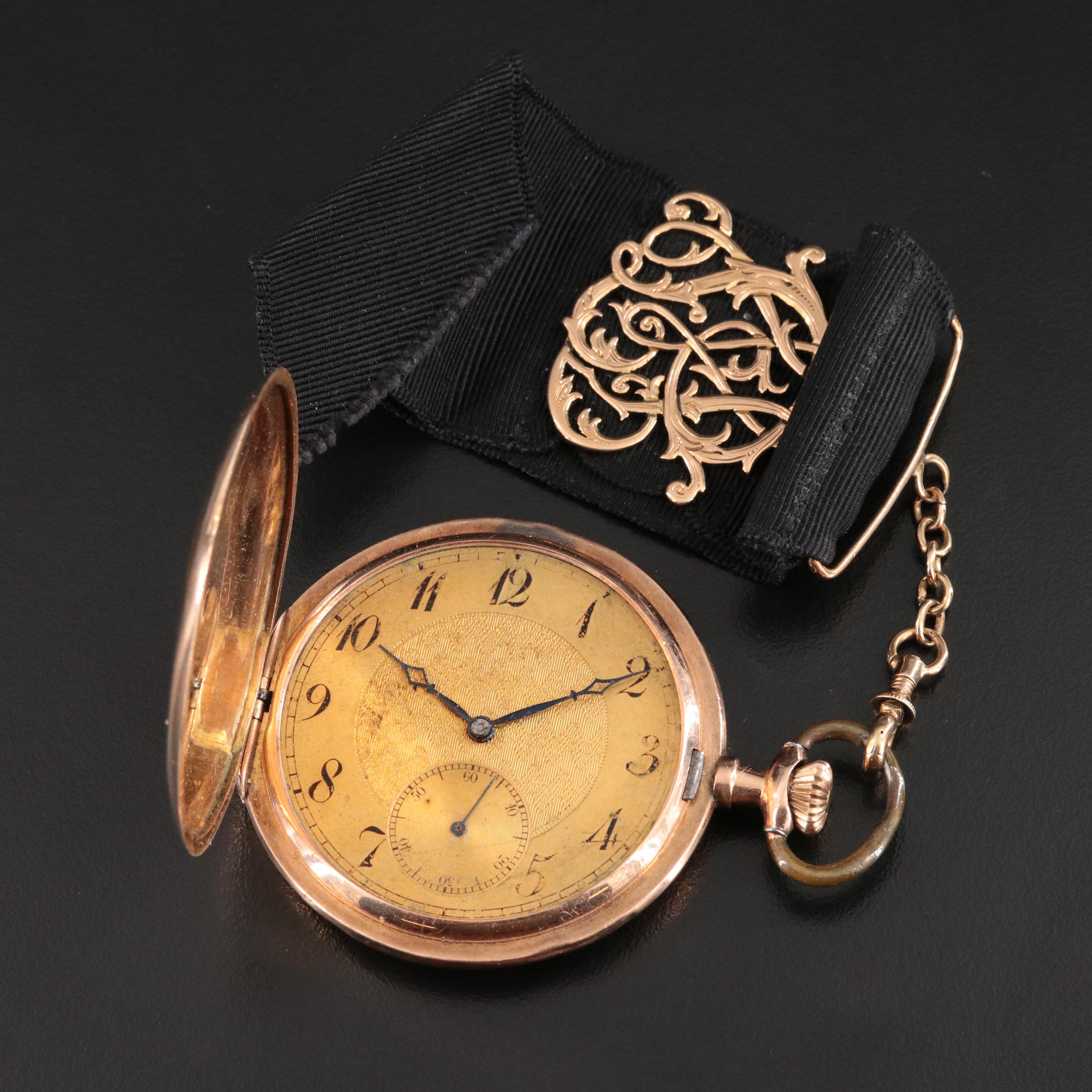 14K Pocket Watch & Monongrammed Adornment Ribbon