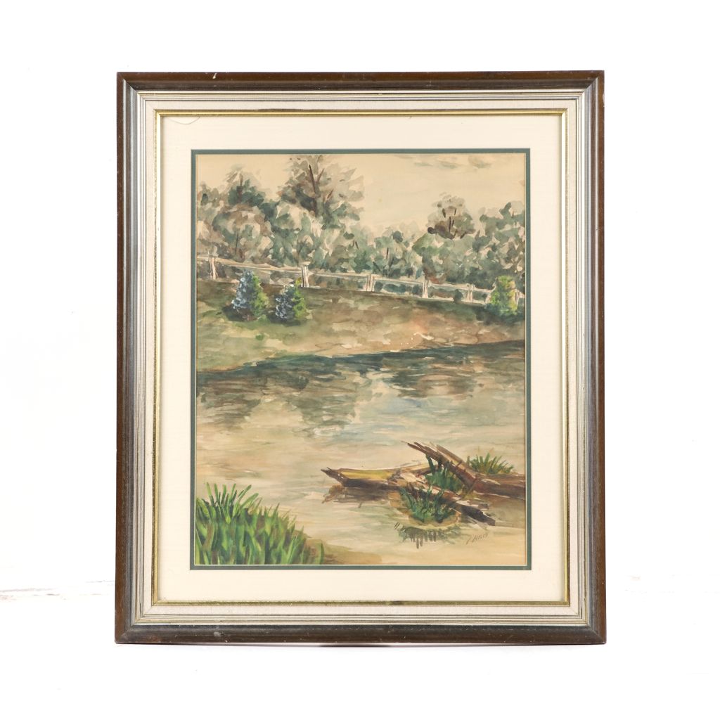 W. Makos River Landscape Watercolor Painting, 20th Century