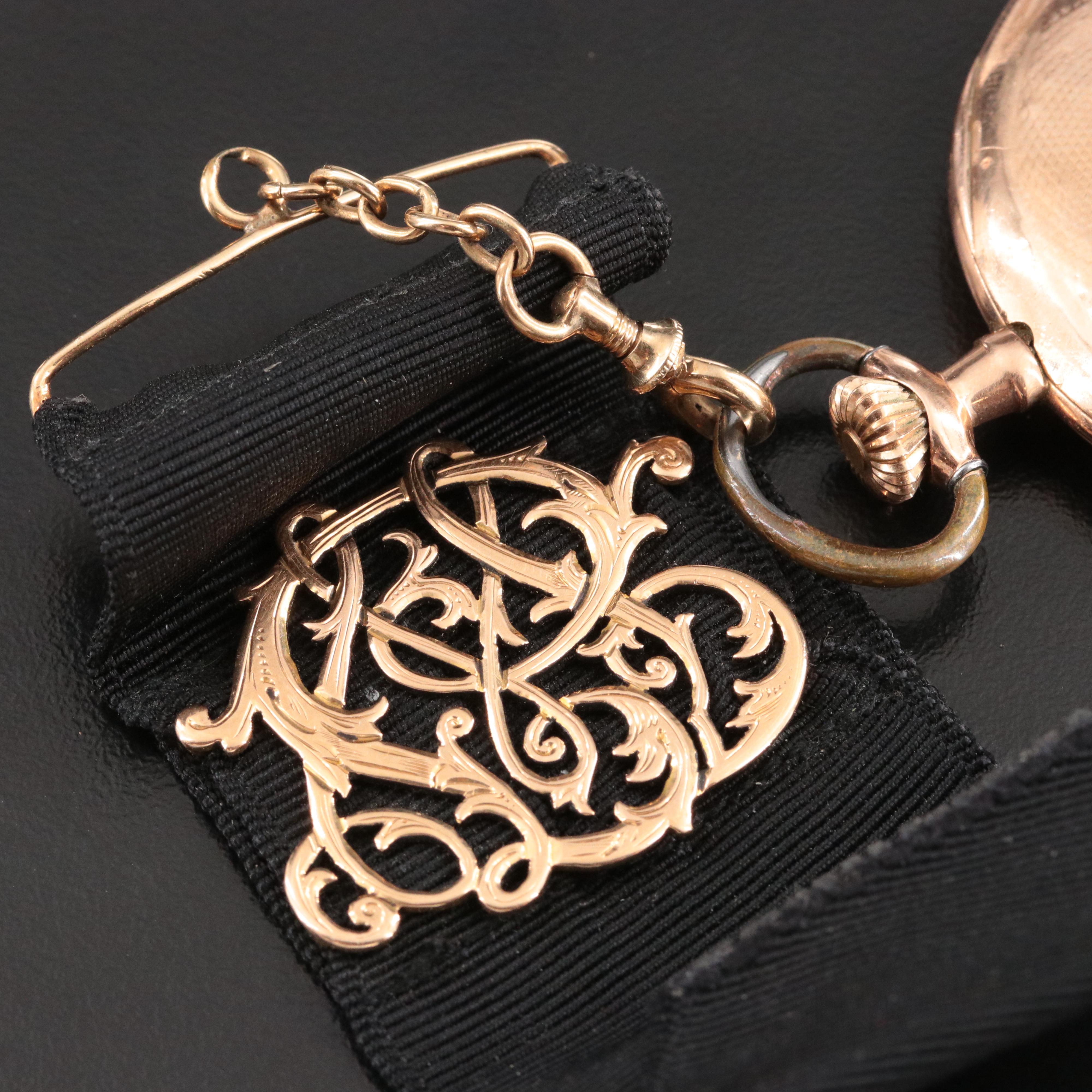 14K Pocket Watch & Monongrammed Adornment Ribbon