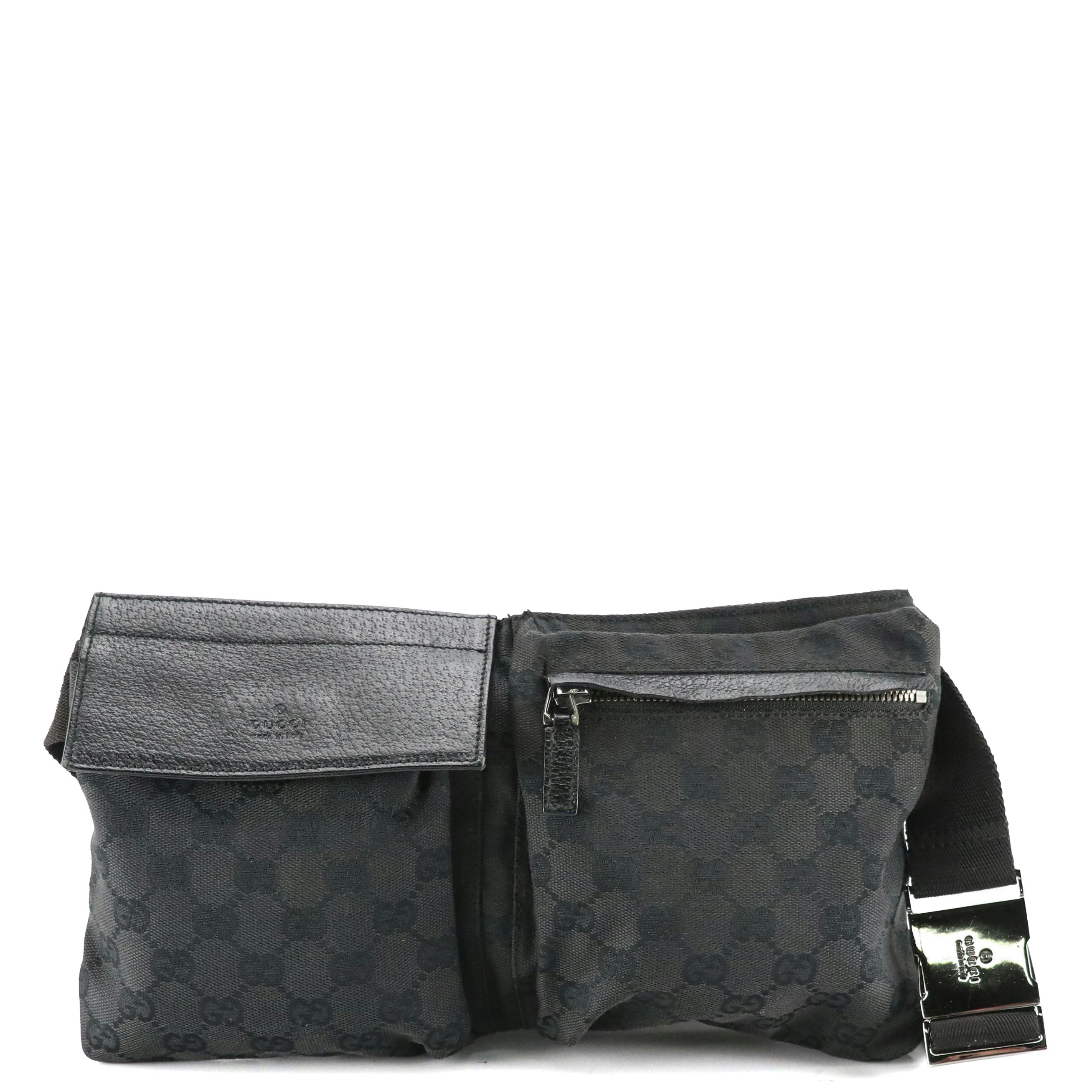 Gucci Double Pocket Belt Bag in Black GG Canvas and Black Leather