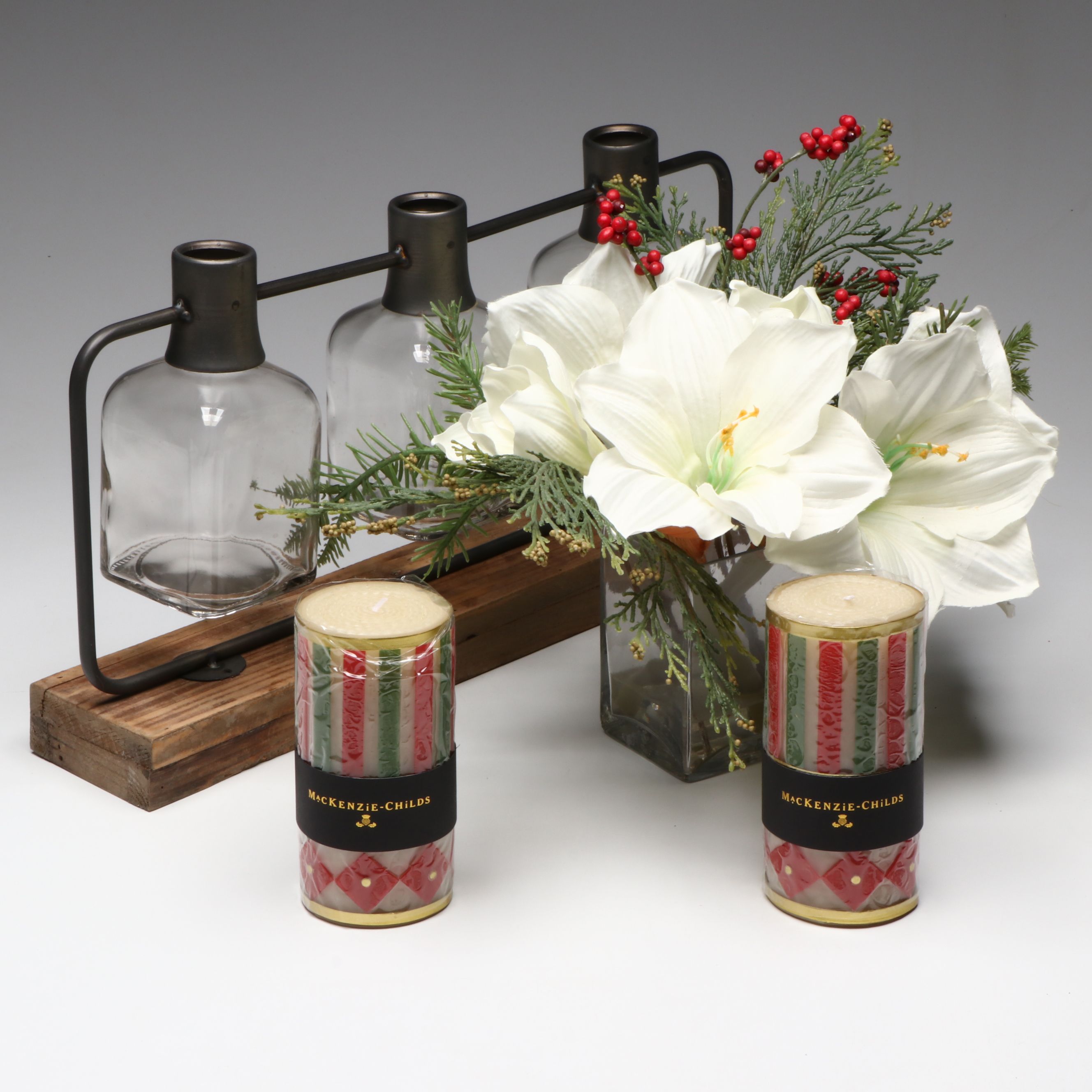 MacKenzie-Childs Wax Candles, Mounted Glass Vases, and Artificial Lily Bouquet