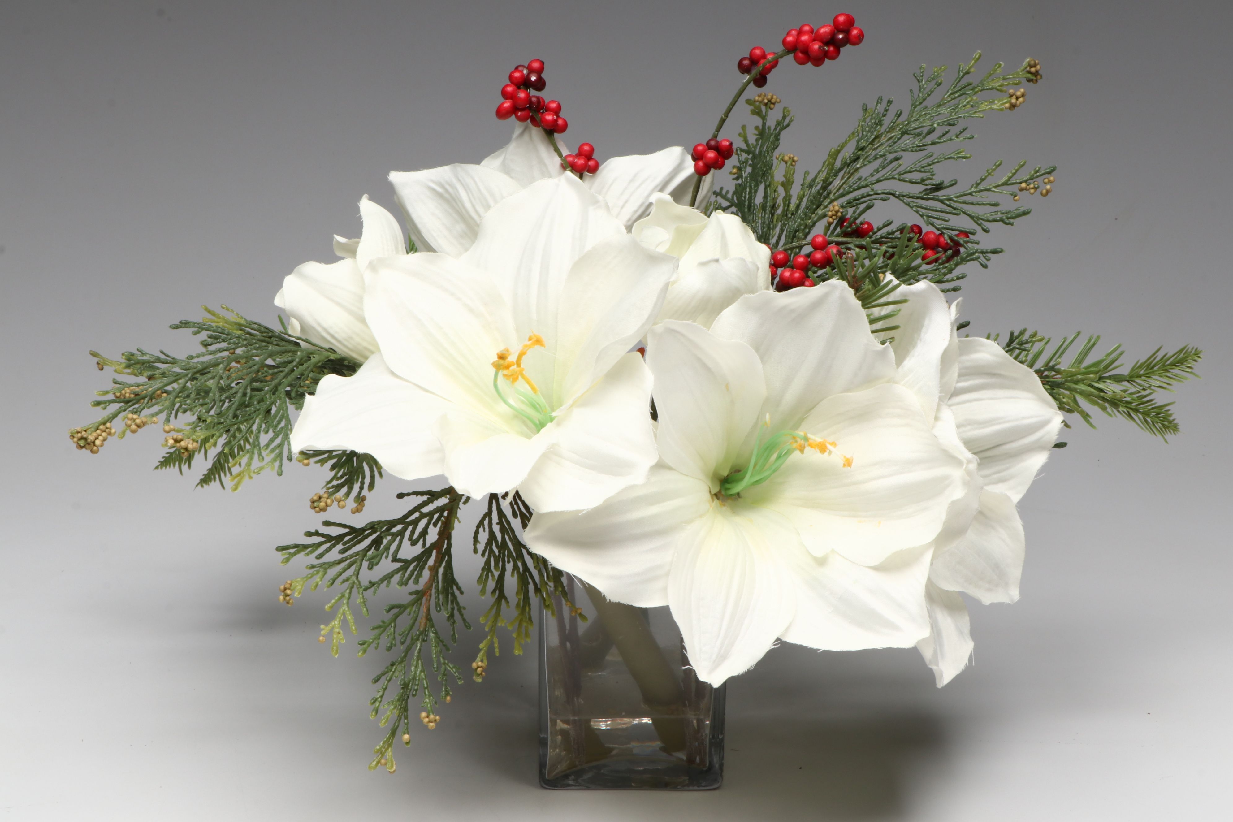 MacKenzie-Childs Wax Candles, Mounted Glass Vases, and Artificial Lily Bouquet