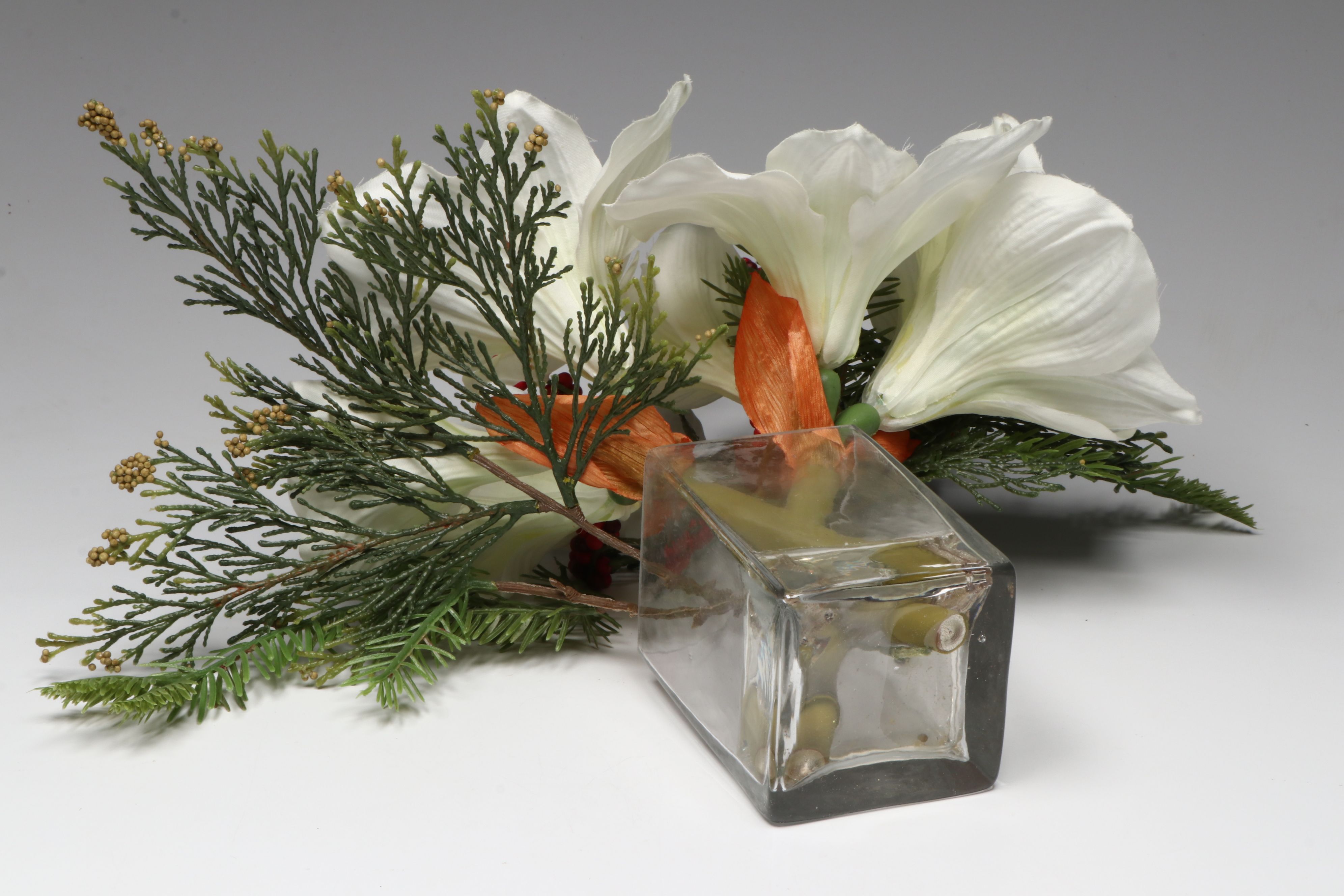 MacKenzie-Childs Wax Candles, Mounted Glass Vases, and Artificial Lily Bouquet