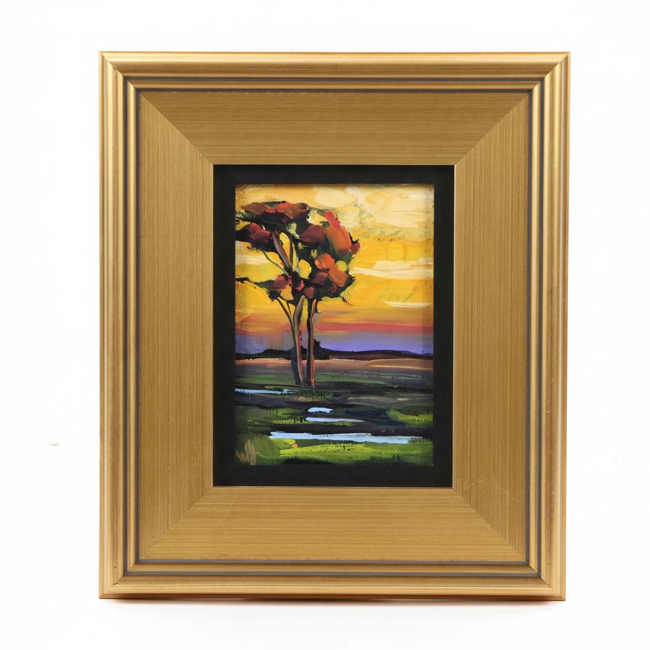 Impressionistic Oil Painting of Tree at Sunset, 21st Century