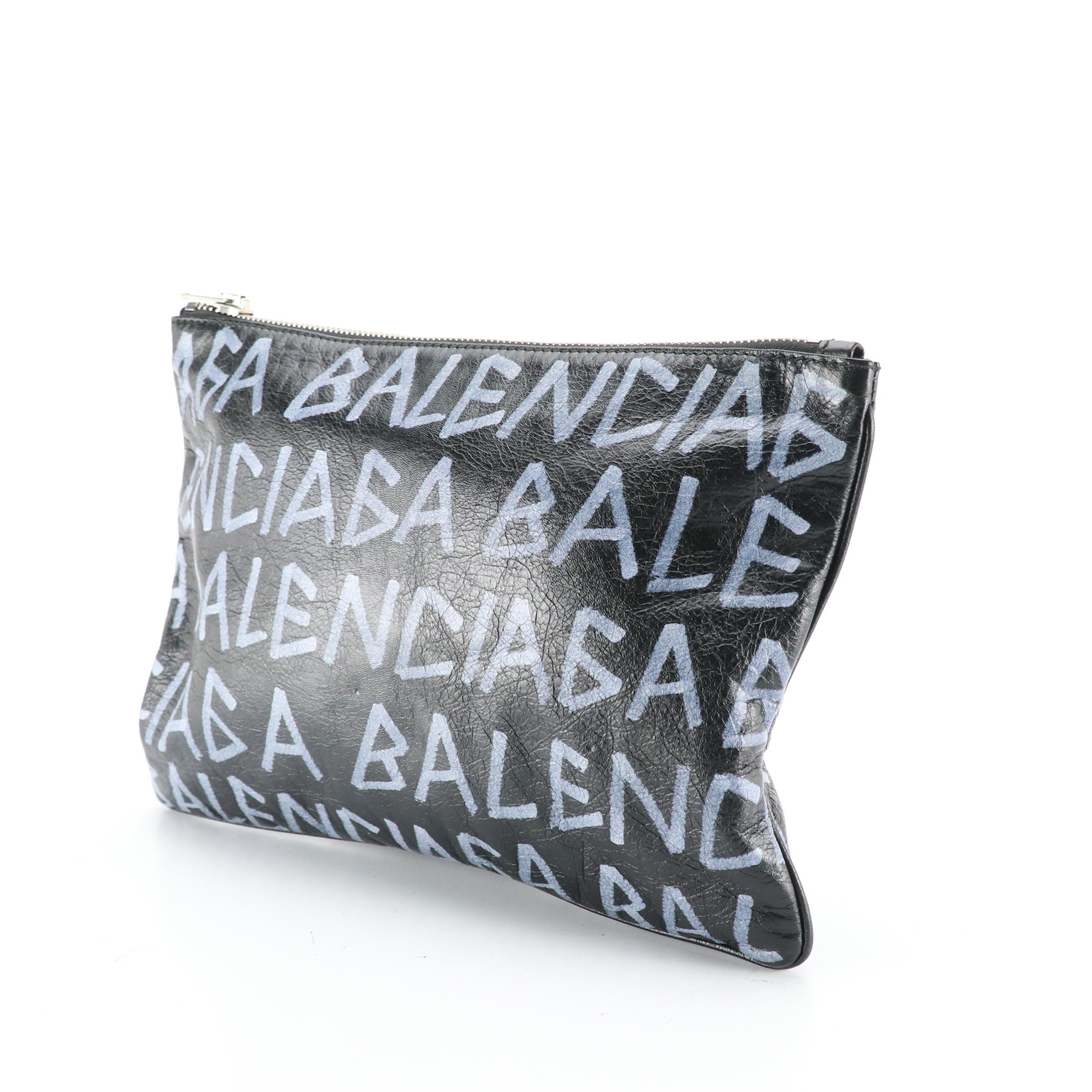 Balenciaga Blue Graffiti Logo Zip Pouch in Black Crinkled Calf Leather