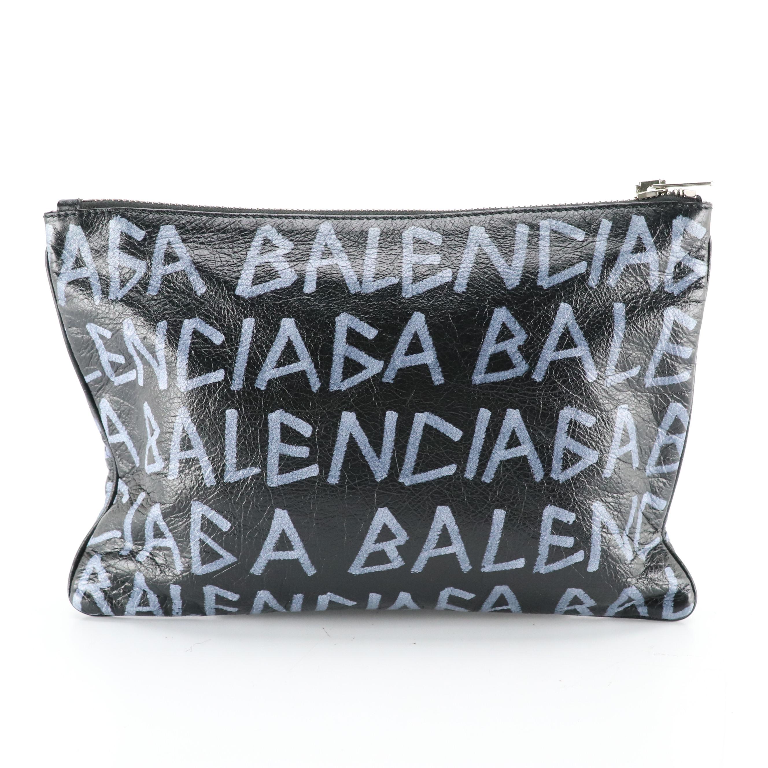 Balenciaga Blue Graffiti Logo Zip Pouch in Black Crinkled Calf Leather