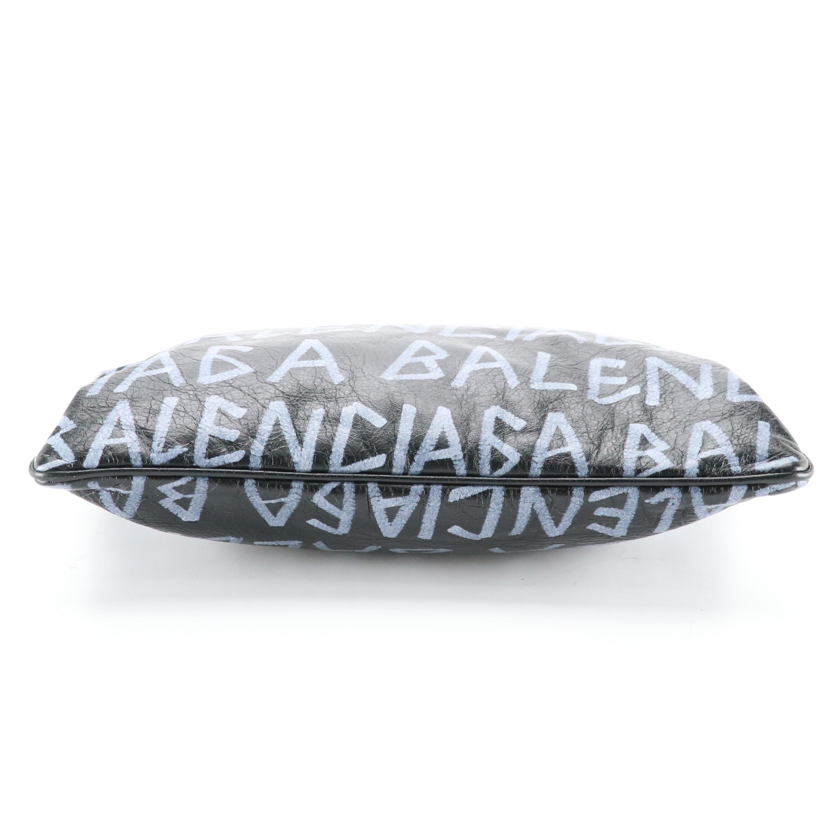 Balenciaga Blue Graffiti Logo Zip Pouch in Black Crinkled Calf Leather