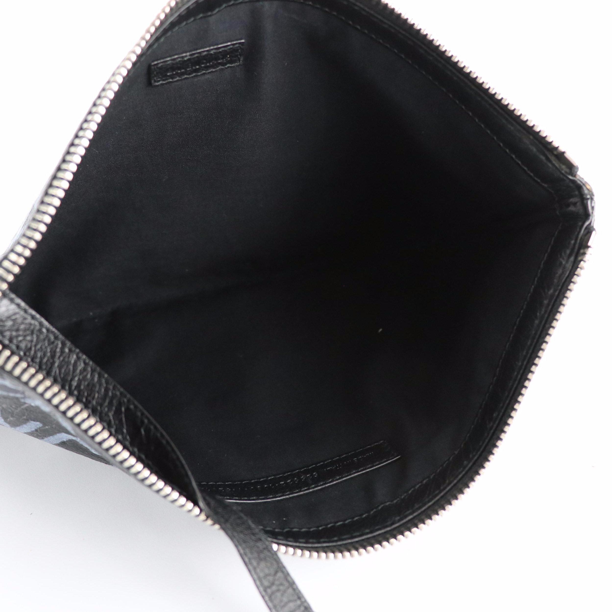 Balenciaga Blue Graffiti Logo Zip Pouch in Black Crinkled Calf Leather