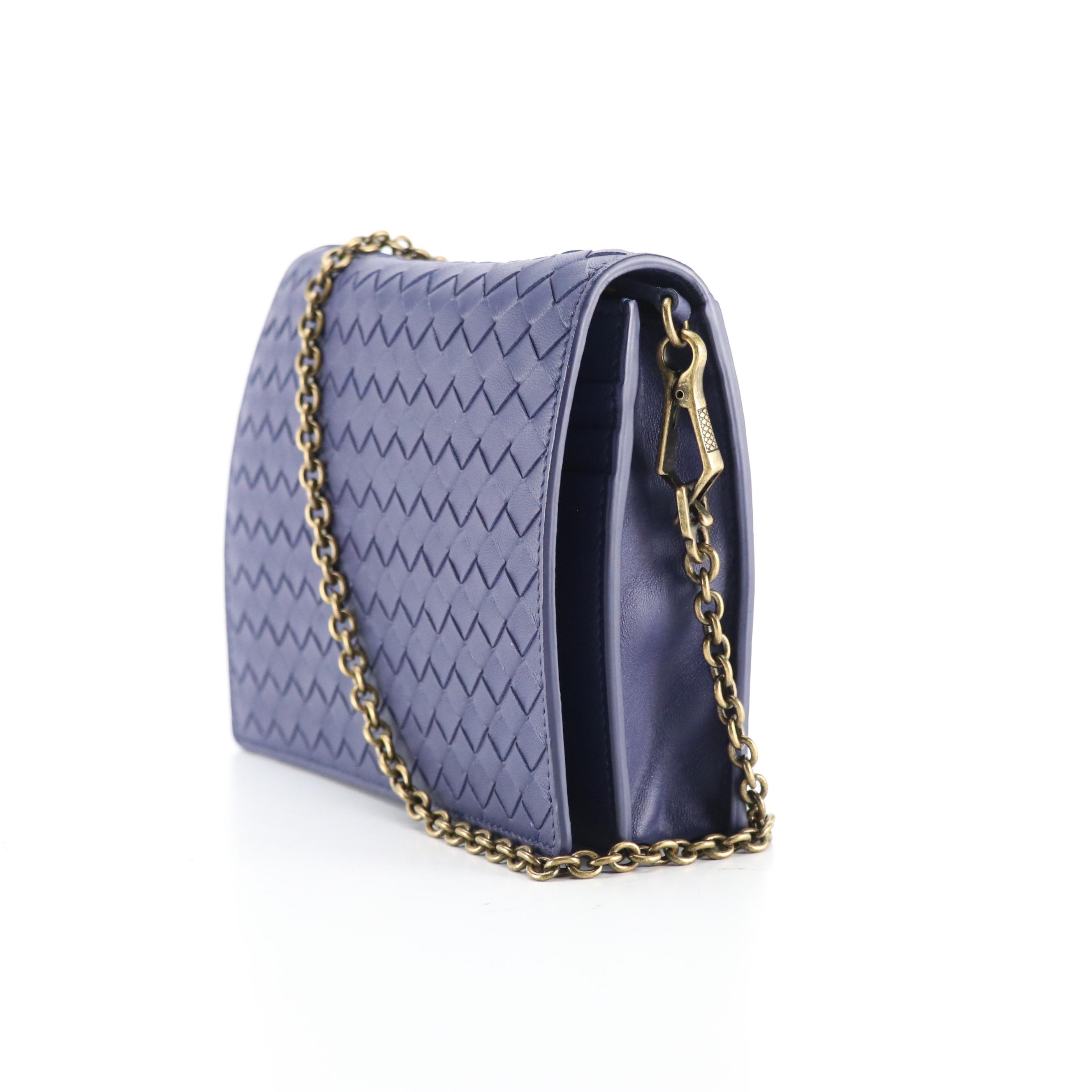 Bottega Veneta Clutch Wallet on Chain in Deep Blue Intrecciato Leather