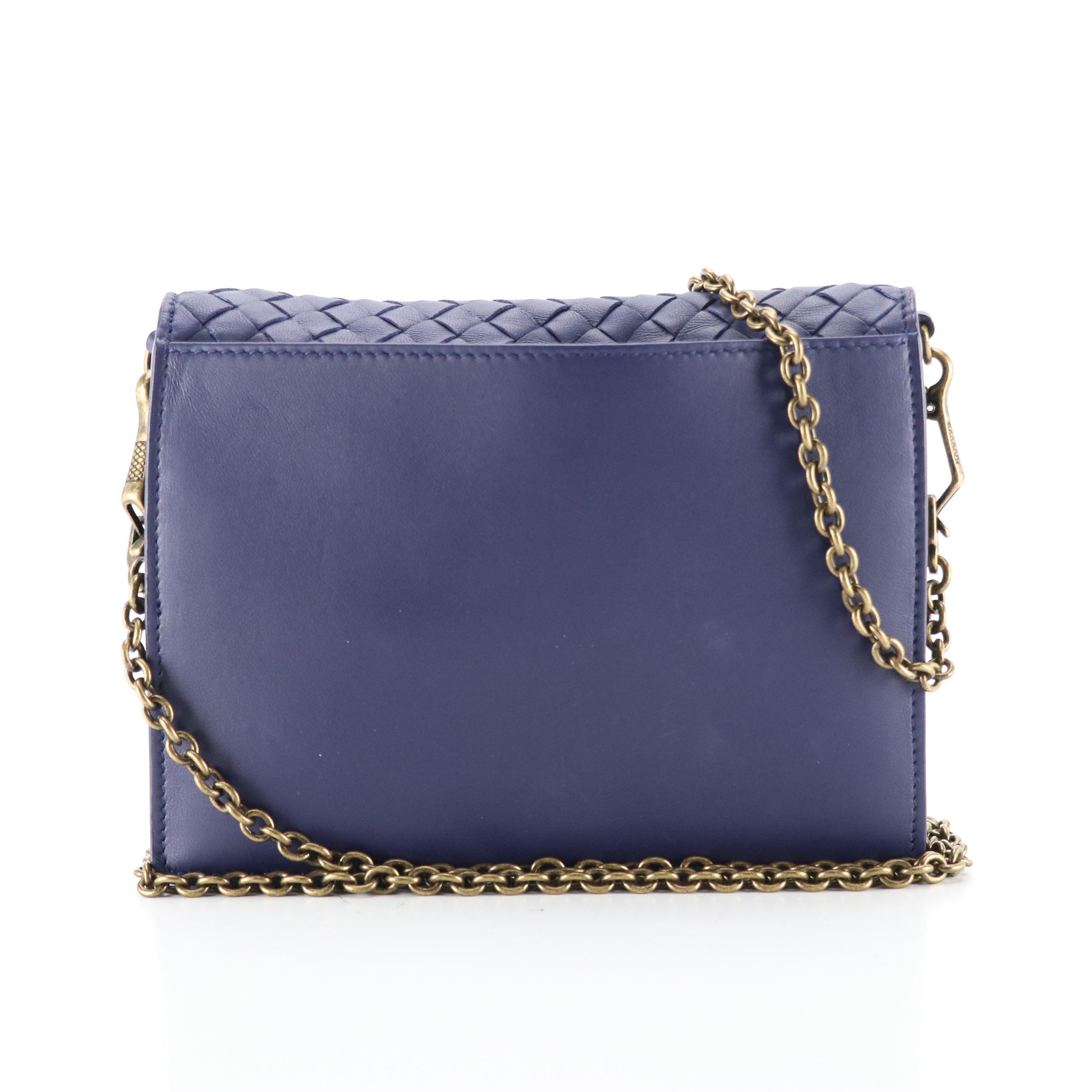 Bottega Veneta Clutch Wallet on Chain in Deep Blue Intrecciato Leather