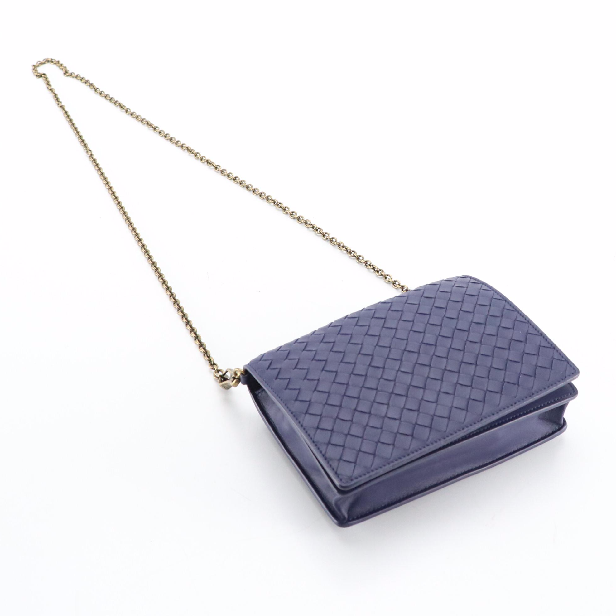 Bottega Veneta Clutch Wallet on Chain in Deep Blue Intrecciato Leather