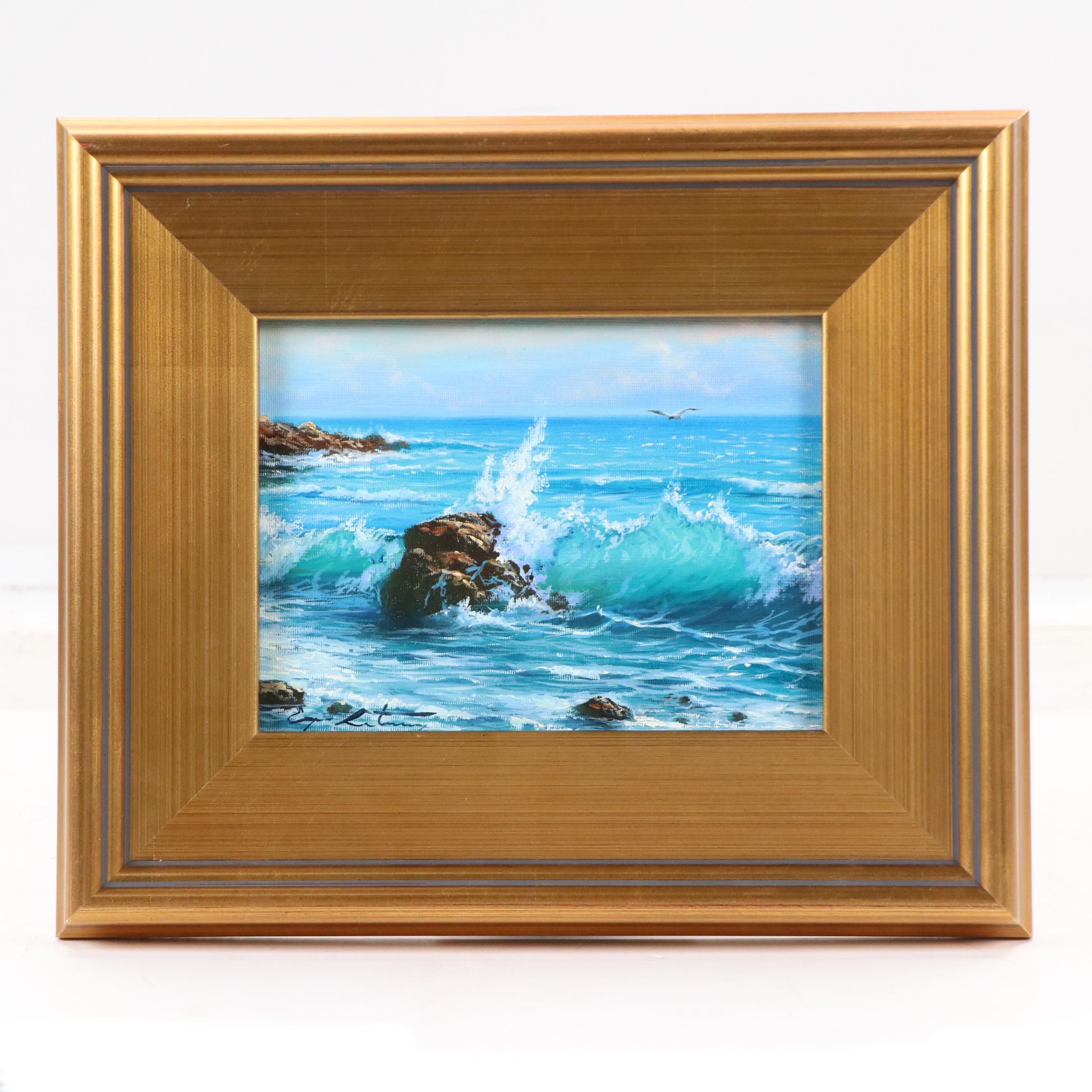 Realistic Oil Painting of Wave Crashing on Rock, 21st Century
