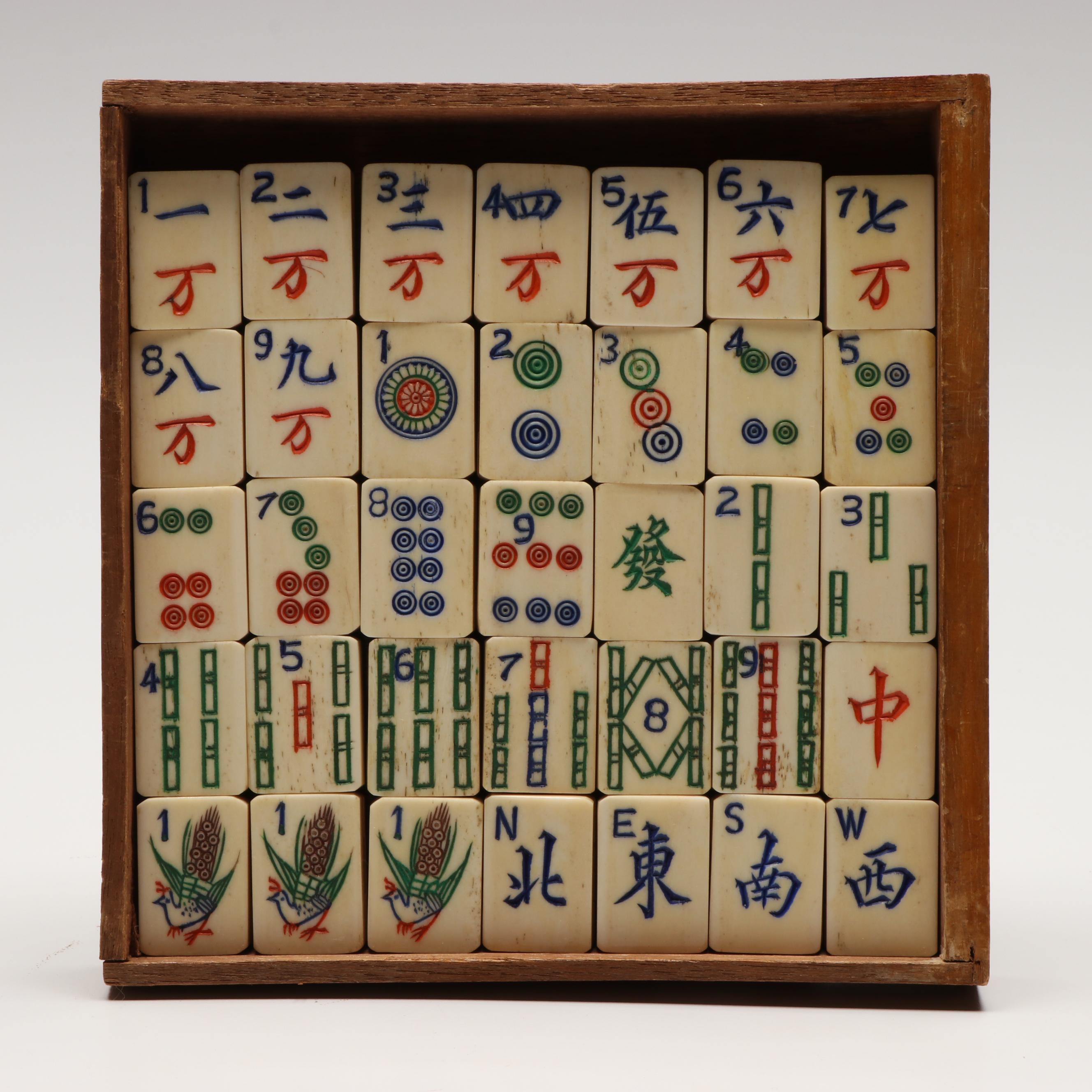 Bone Mahjong with Wooden Carrying Case