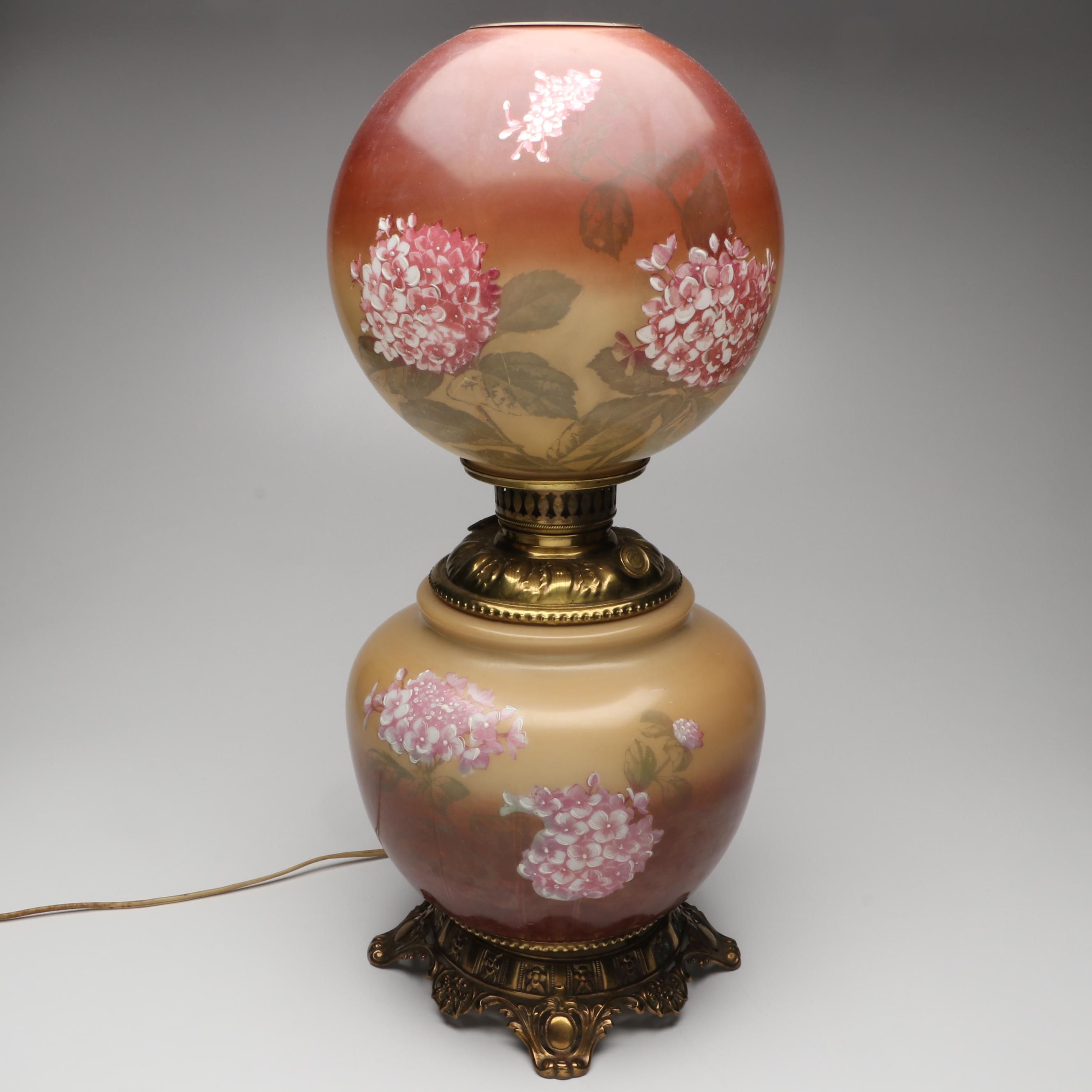 Hand-Painted Floral Bulb Glass Parlor Lamp, Early to Mid-20th Century
