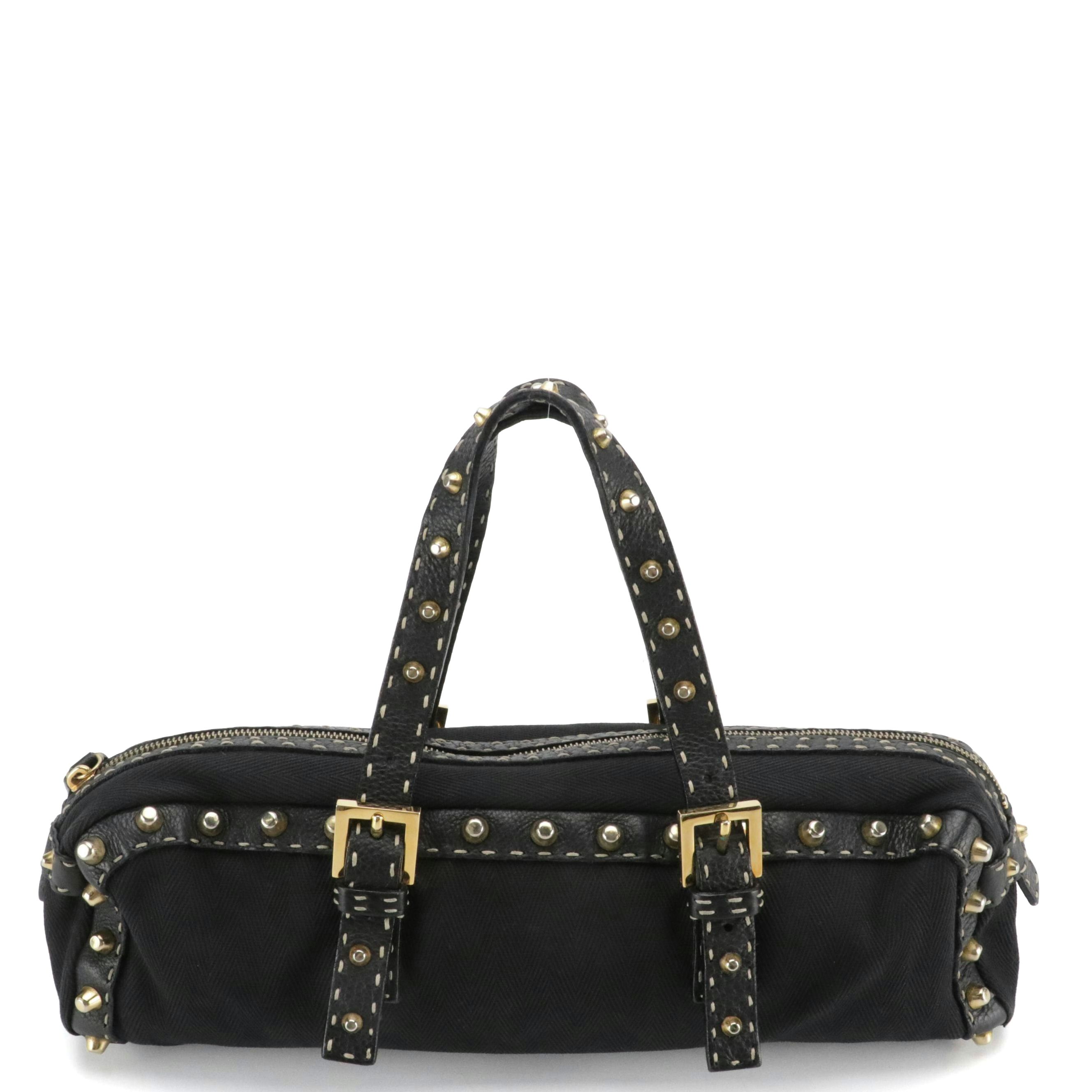 Fendi Selleria Zip-Around Handbag in Black Canvas and Studded Leather Trim