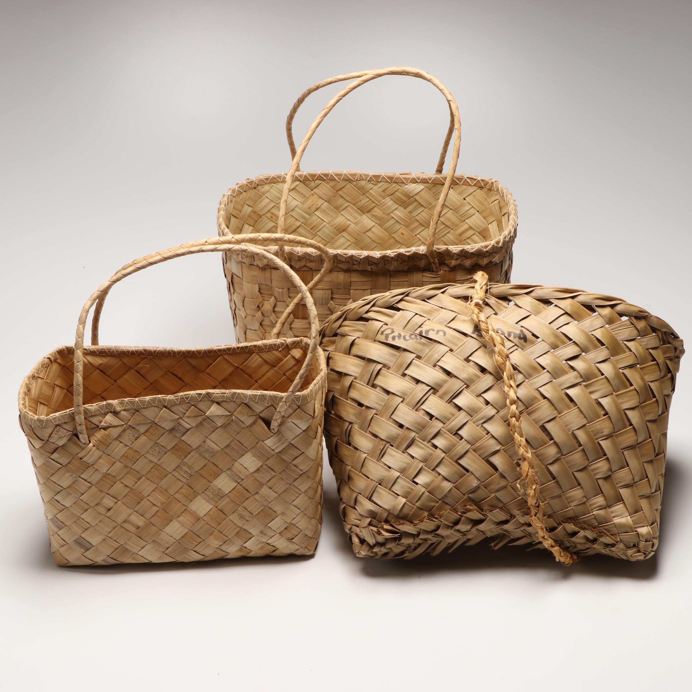 Mary Mavis Warren Pitcairn Island Woven Coconut Fiber Handled Baskets