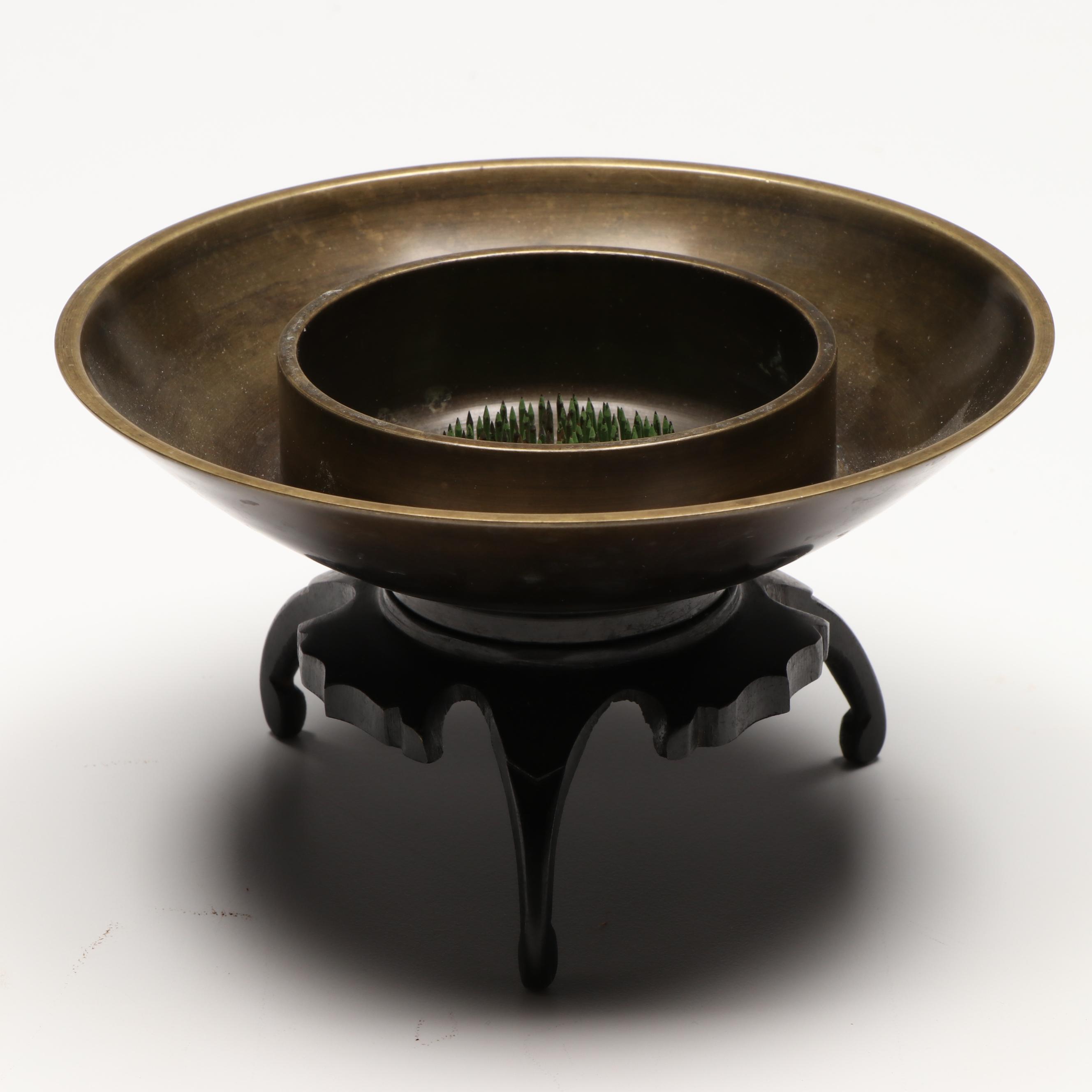 Bronzed Chinese Calligraphy Brush Holder and Bowl with Flower Frog