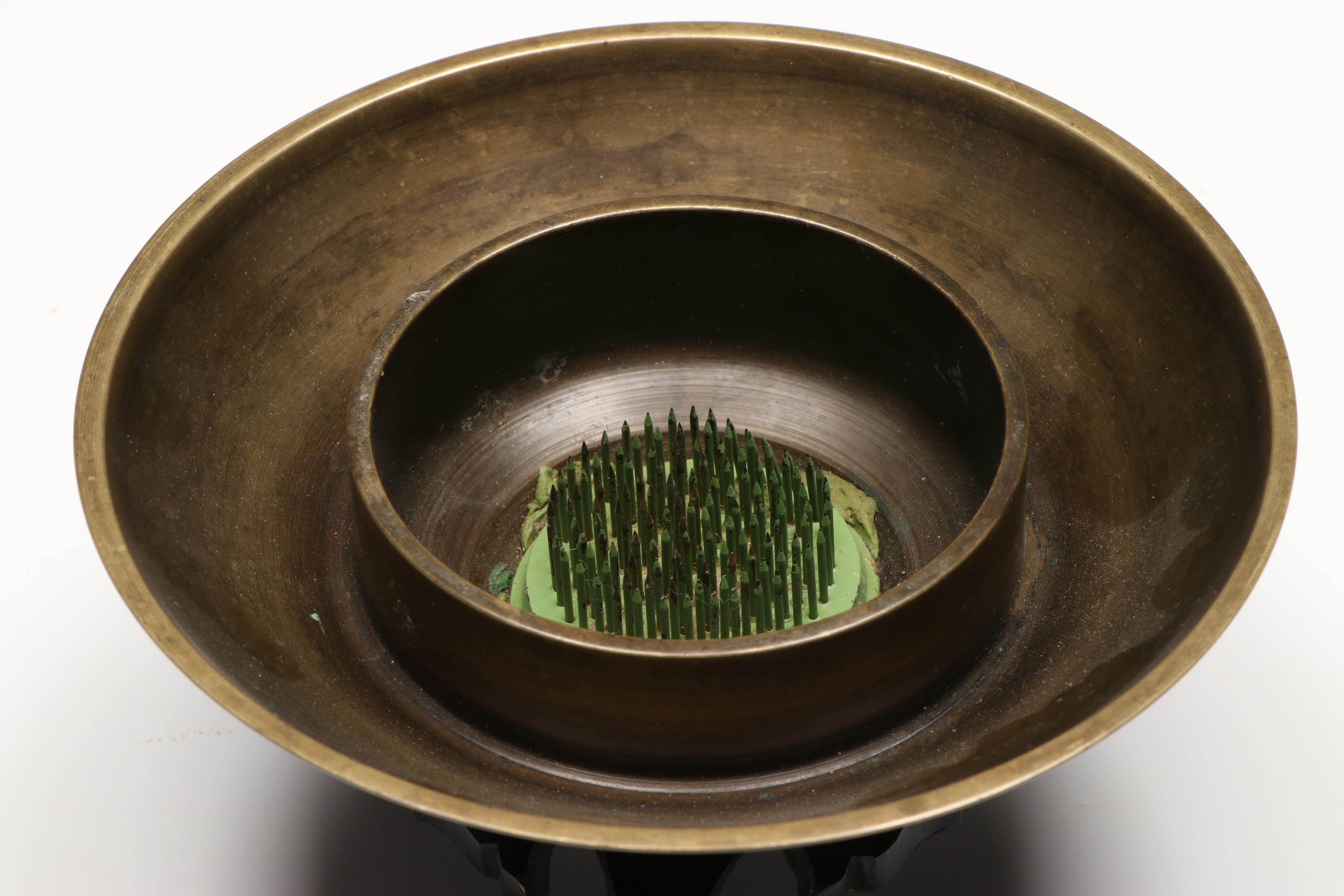 Bronzed Chinese Calligraphy Brush Holder and Bowl with Flower Frog