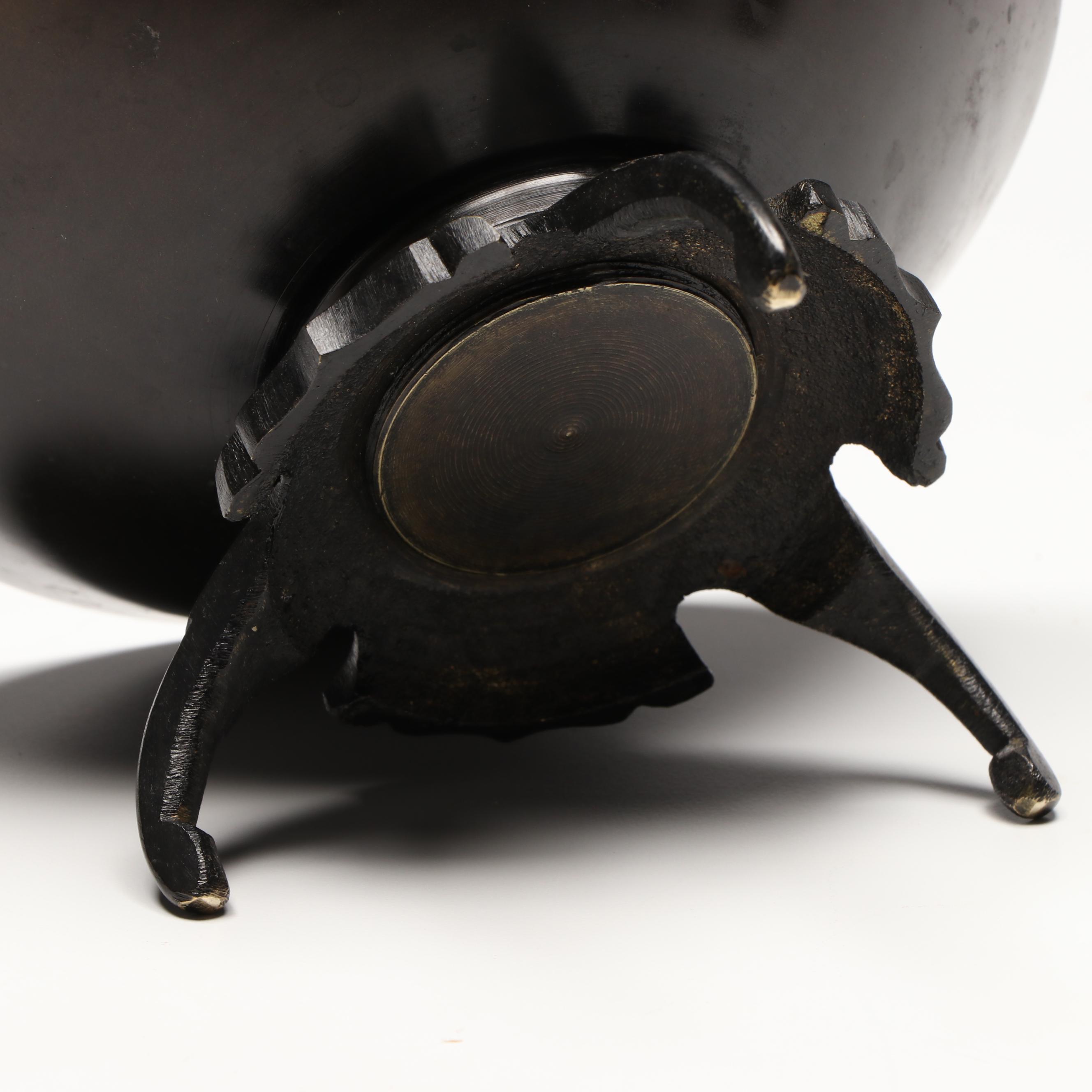 Bronzed Chinese Calligraphy Brush Holder and Bowl with Flower Frog