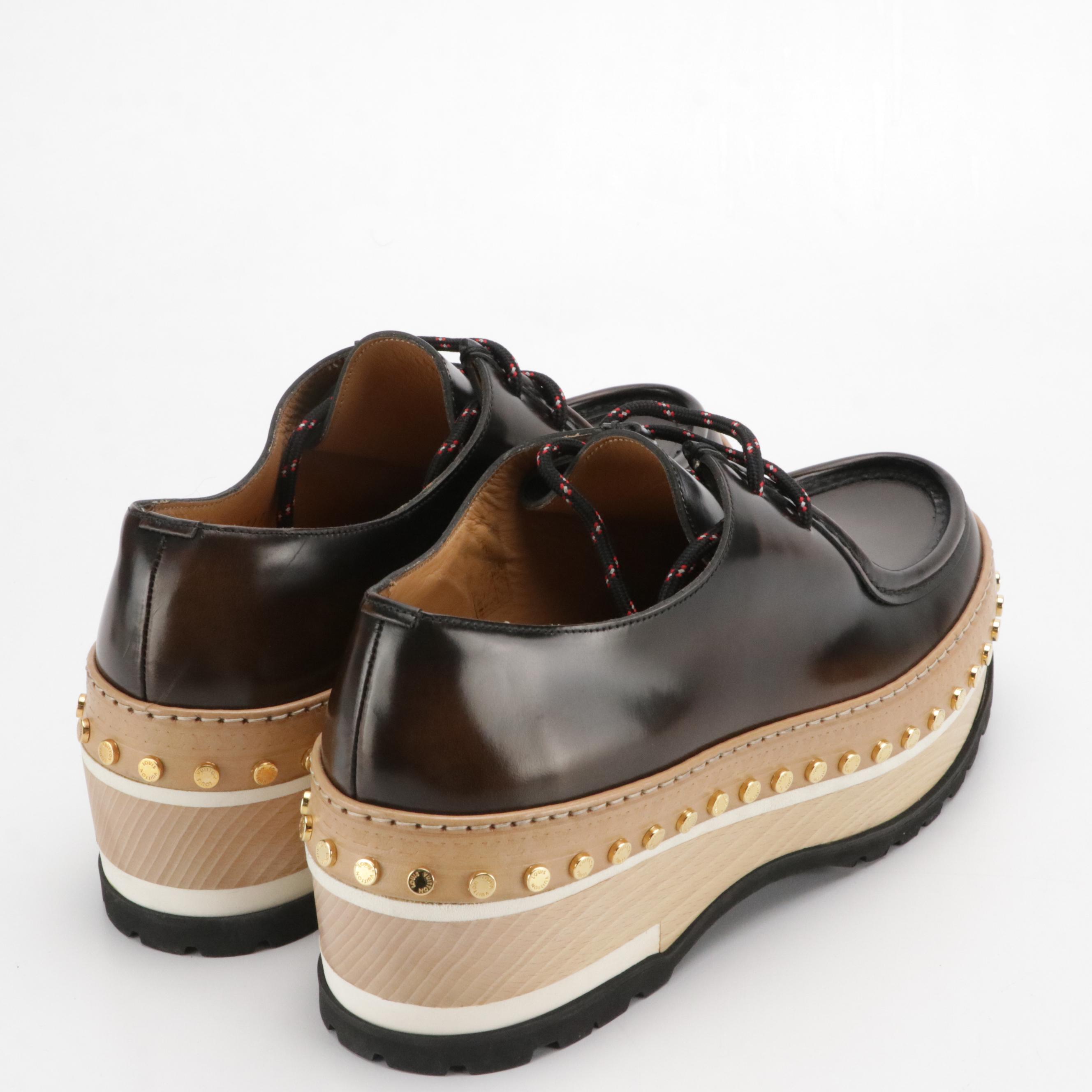 Men's Louis Vuitton Studded Woodcut Platform Derby Loafers in Dark Brown Leather
