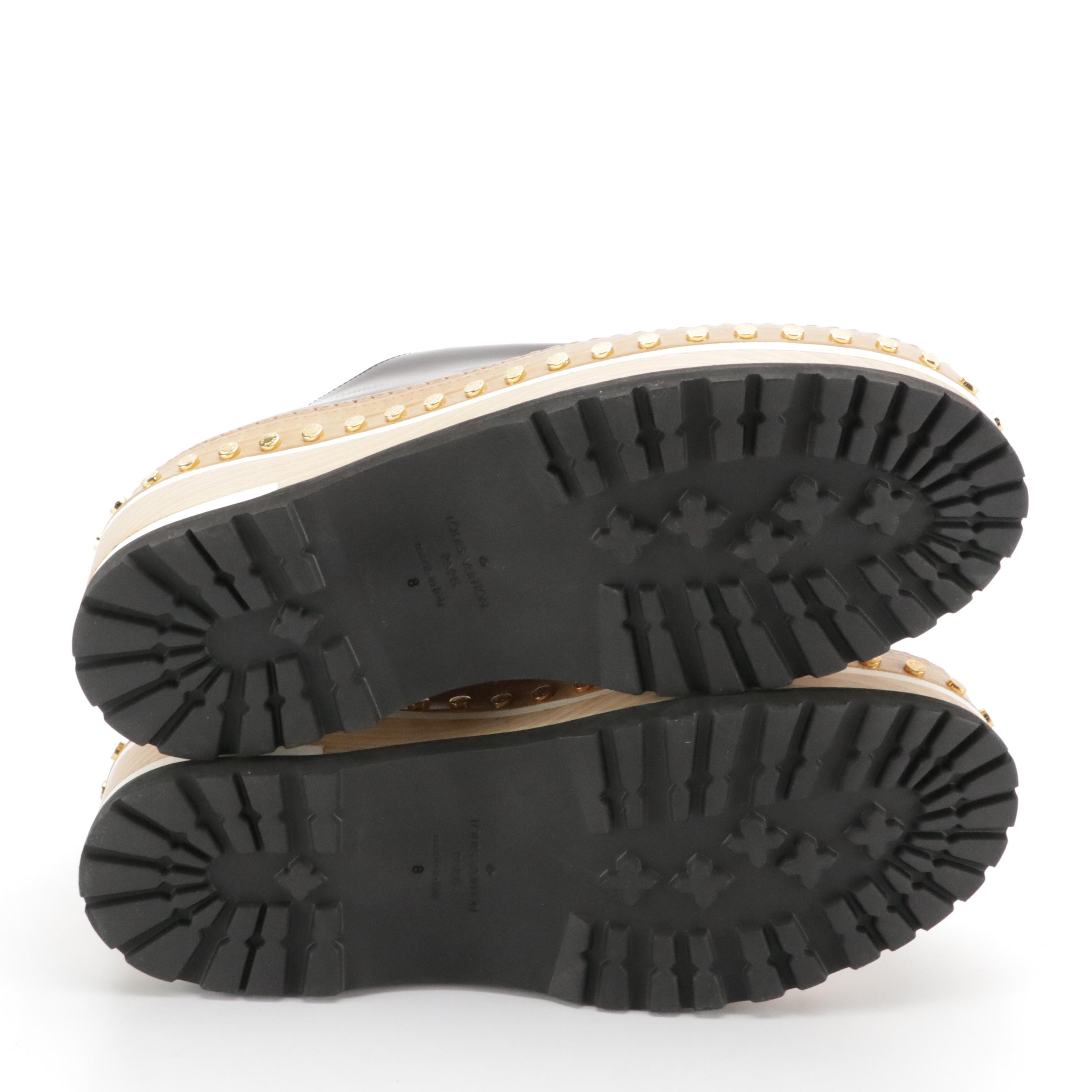 Men's Louis Vuitton Studded Woodcut Platform Derby Loafers in Dark Brown Leather