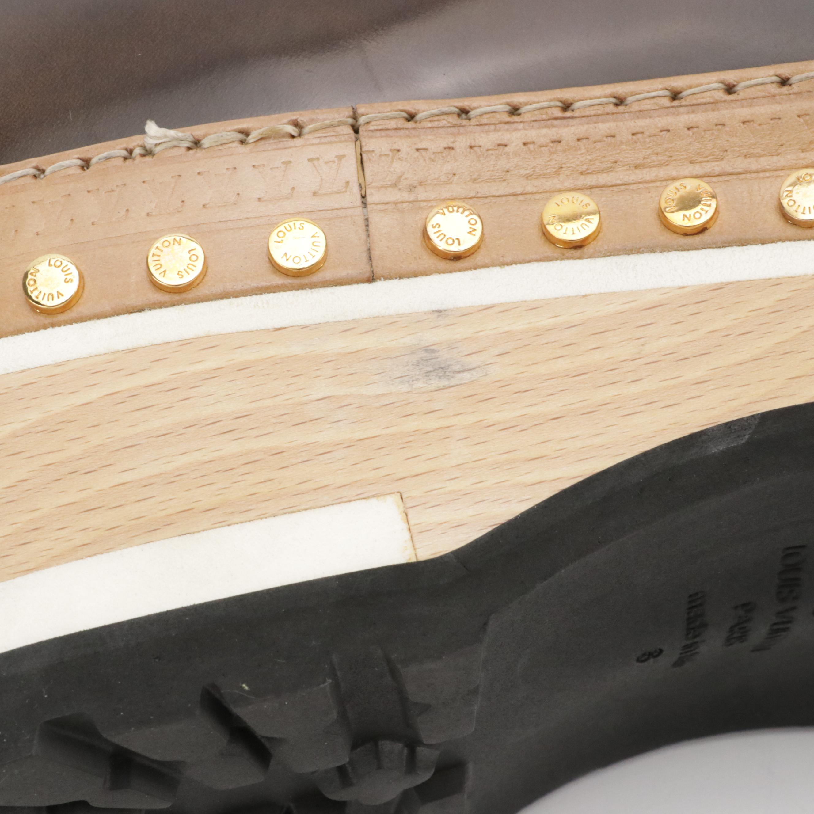 Men's Louis Vuitton Studded Woodcut Platform Derby Loafers in Dark Brown Leather