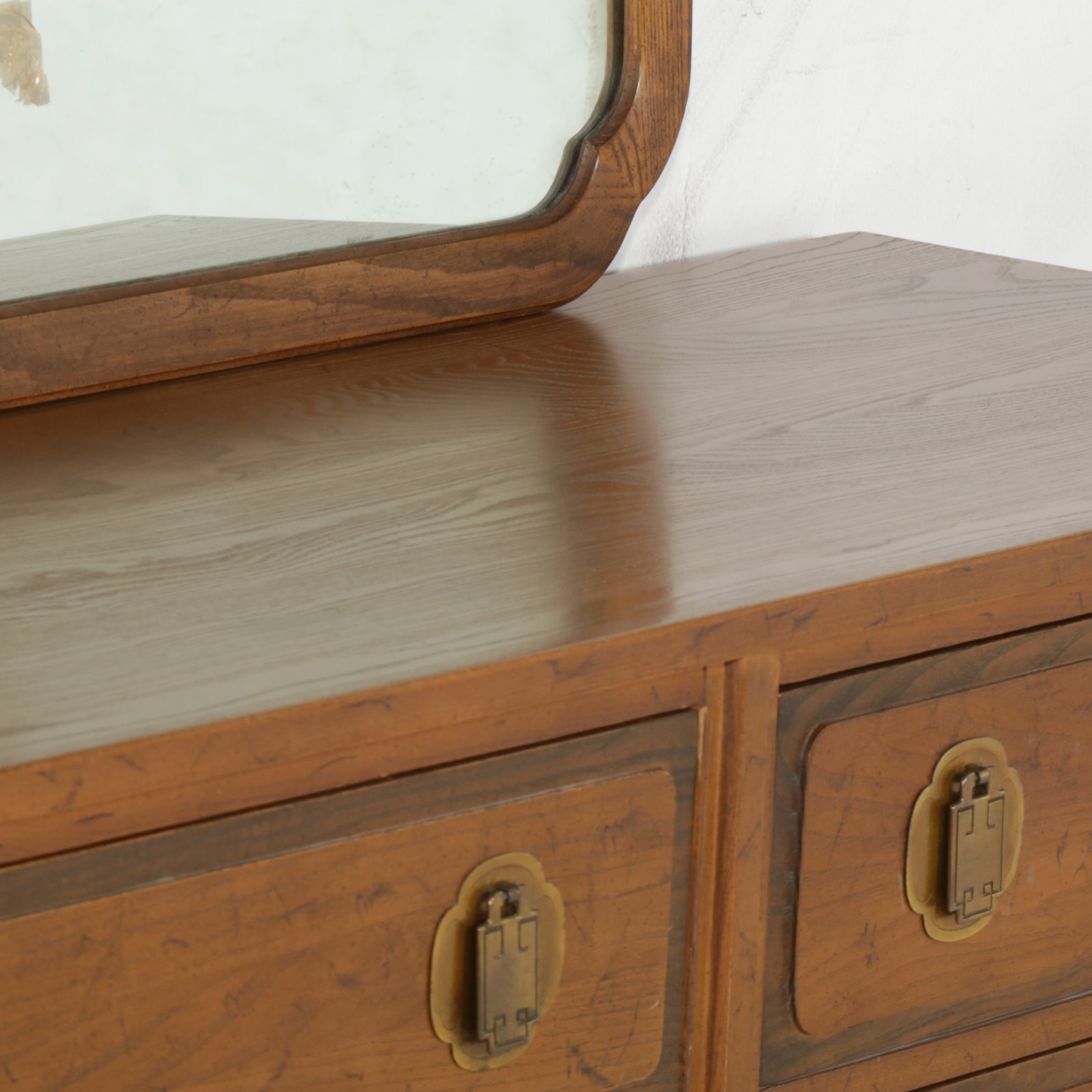 Davis Cabinet Co. Teak Chinoiserie Dresser and Wall Mirror