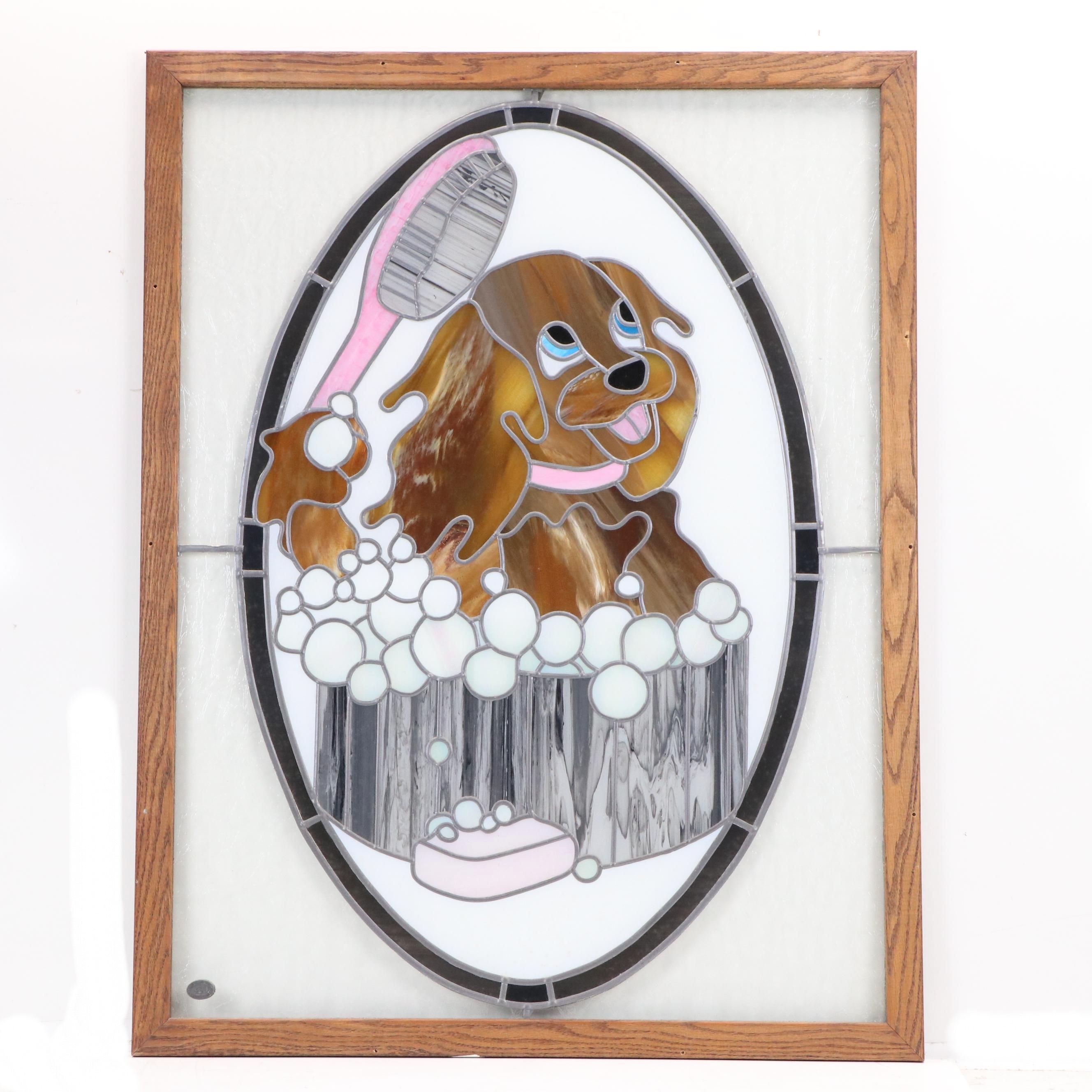 Stained Glass Panel of Puppy in Bathtub