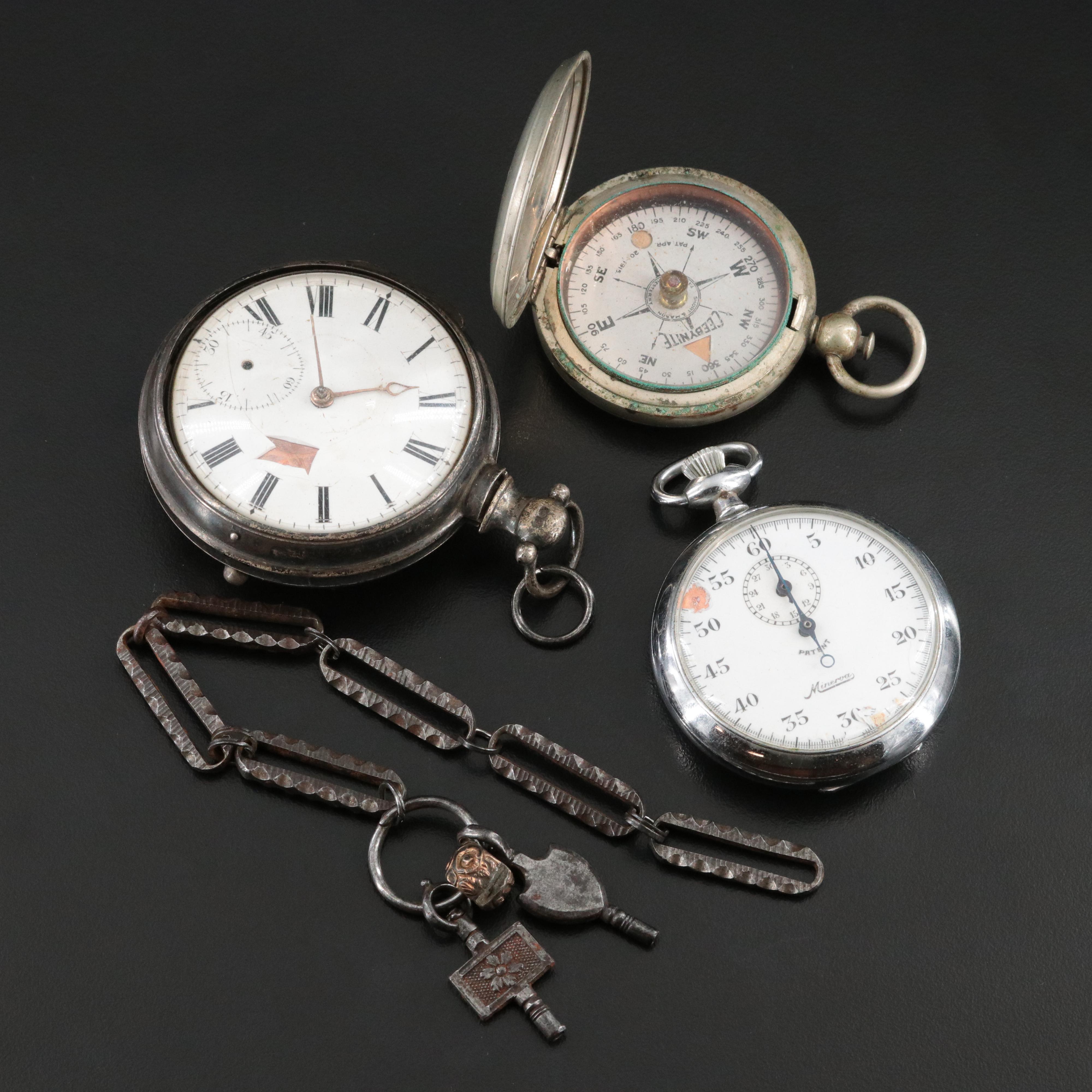 Antique Sterling D. Campbell Verge Fusee Pocket Watch, Stopwatch and Compass
