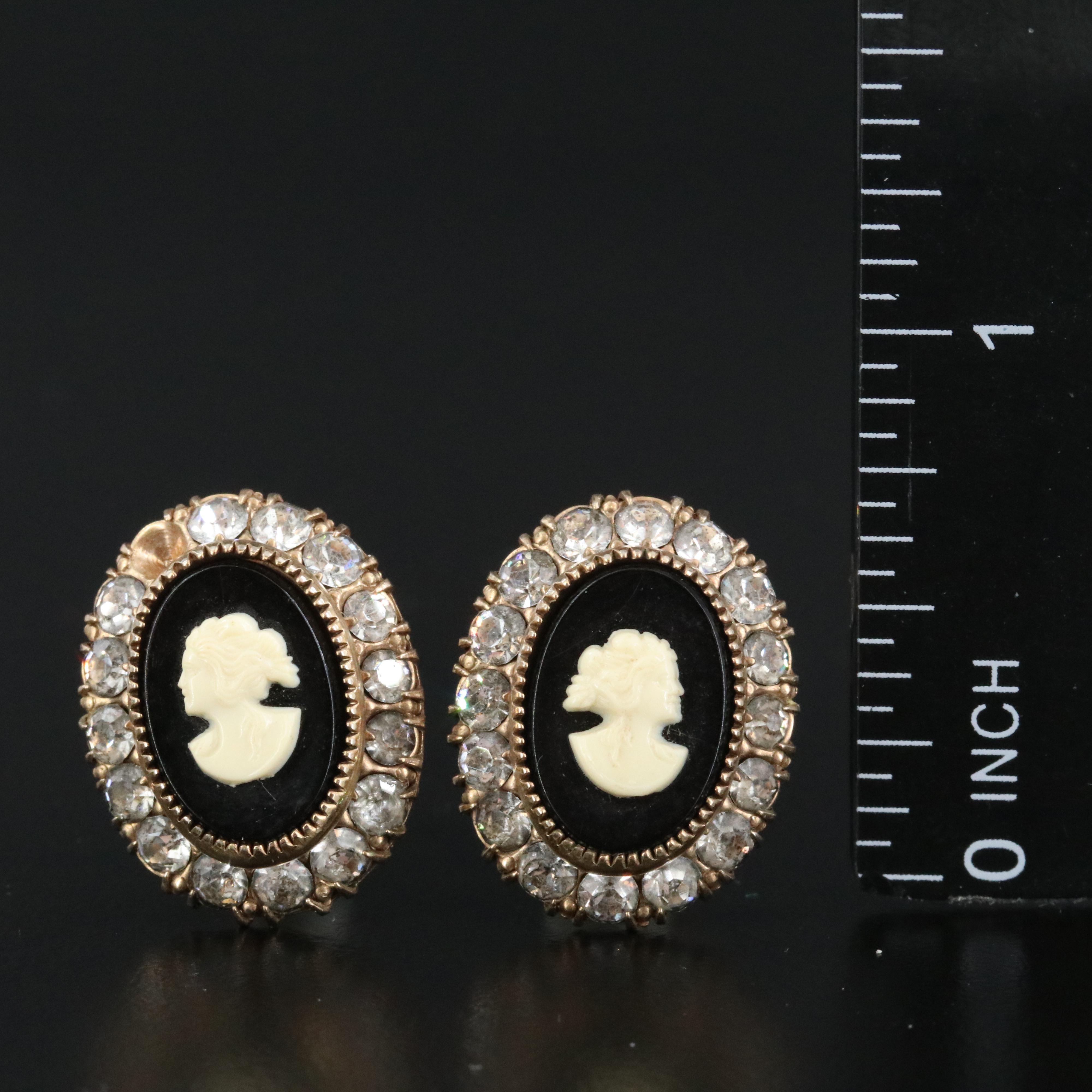 Vintage Gold-Filled Cameo and Rhinestone Enhancer Pendant with Clip On Earrings