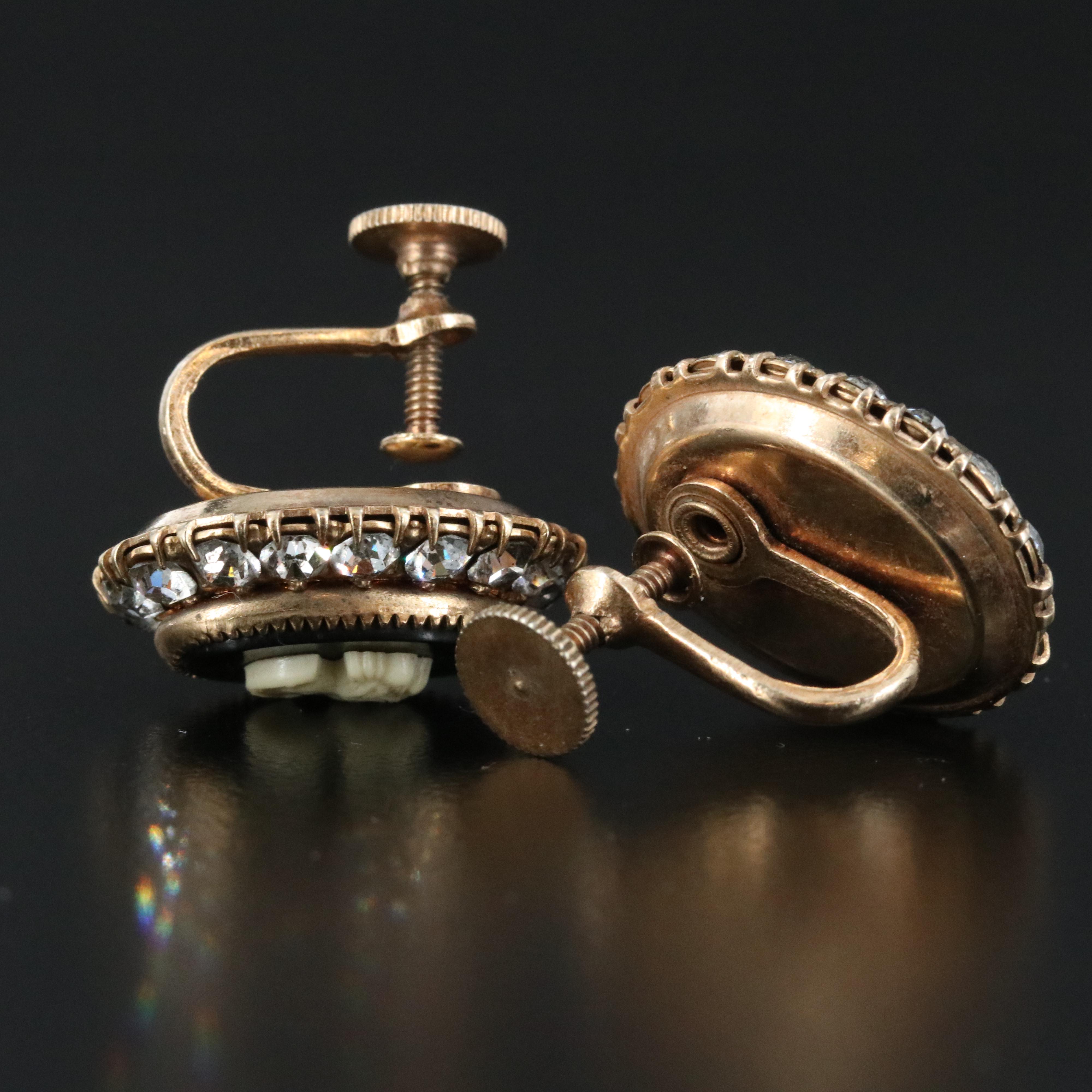 Vintage Gold-Filled Cameo and Rhinestone Enhancer Pendant with Clip On Earrings