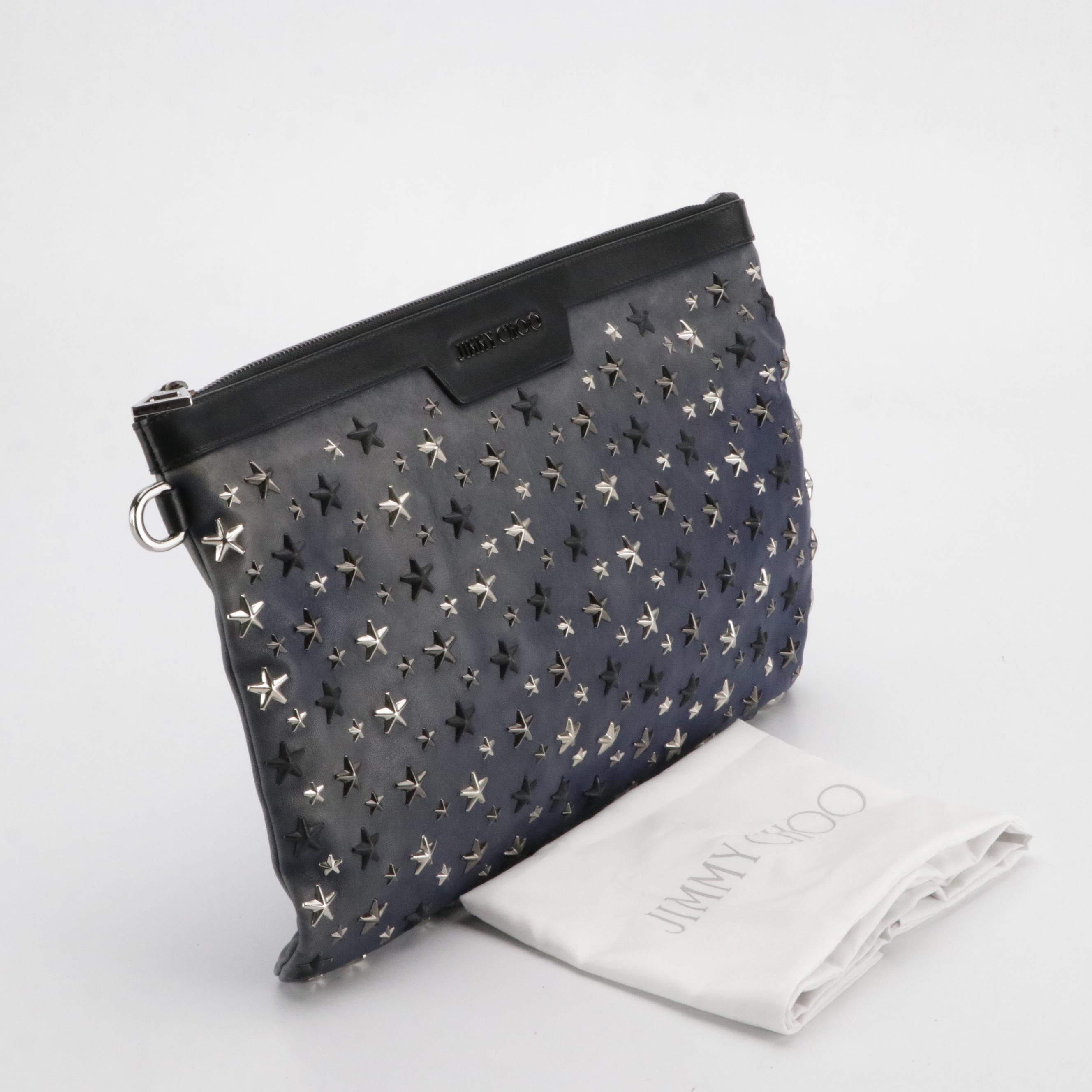 Jimmy Choo Star Studded Zip Pouch in Deep Blue Leather