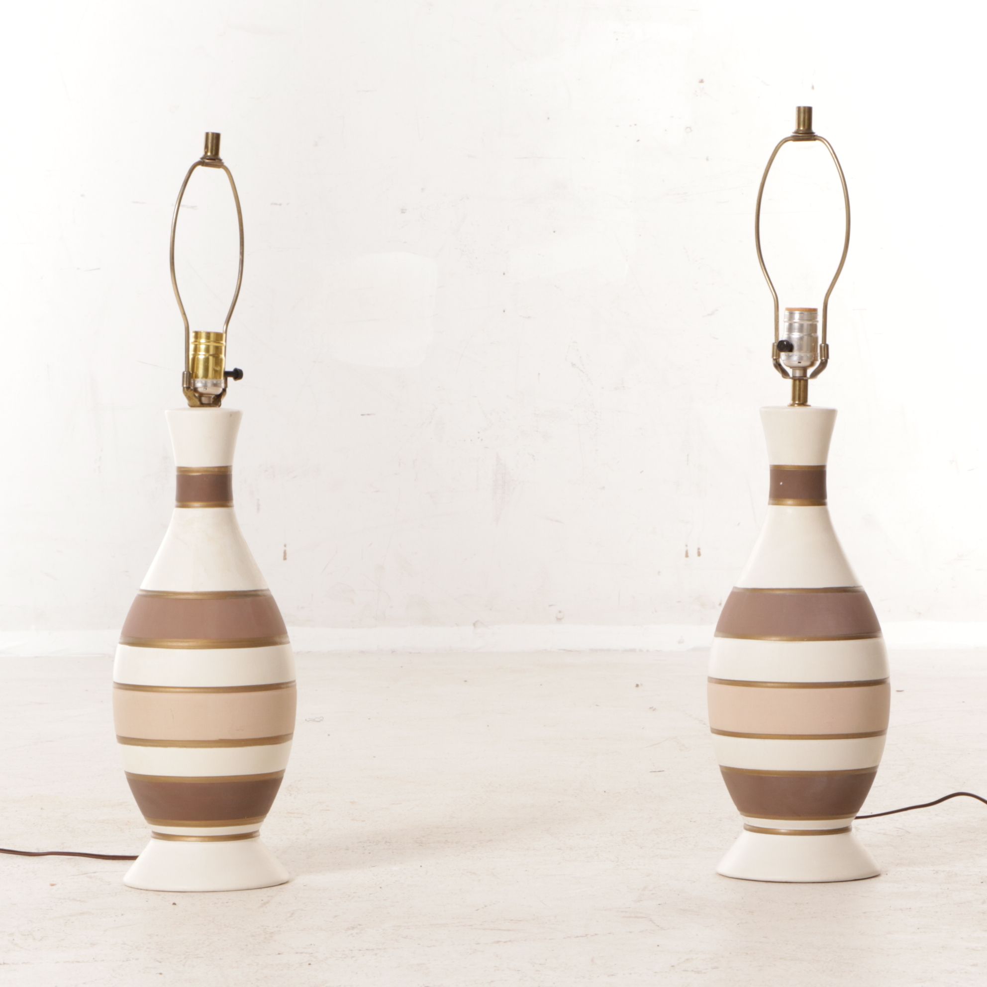 Mid Century Modern Striped Ceramic Table Lamps with Natural Fiber Pleated Shades