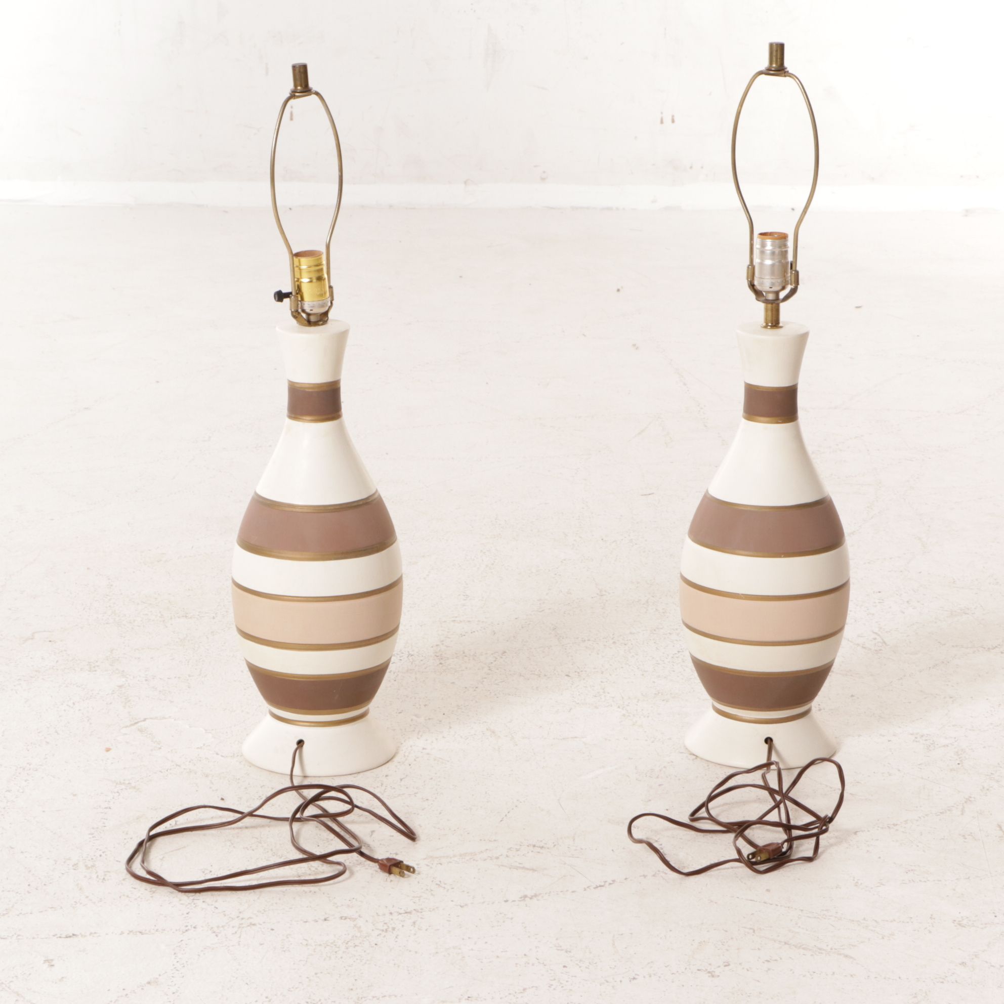 Mid Century Modern Striped Ceramic Table Lamps with Natural Fiber Pleated Shades