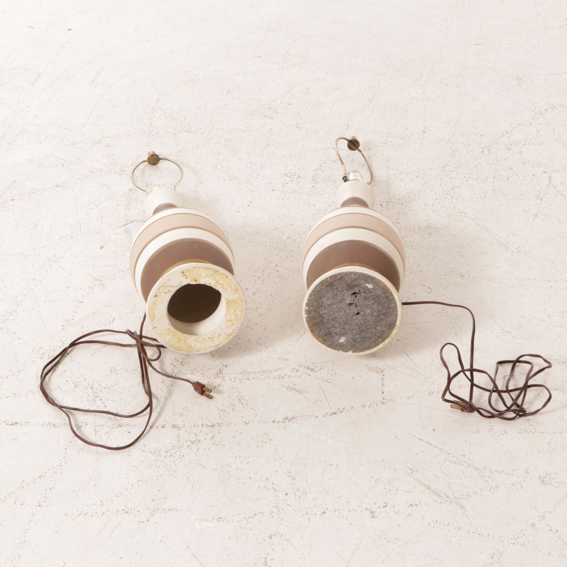 Mid Century Modern Striped Ceramic Table Lamps with Natural Fiber Pleated Shades