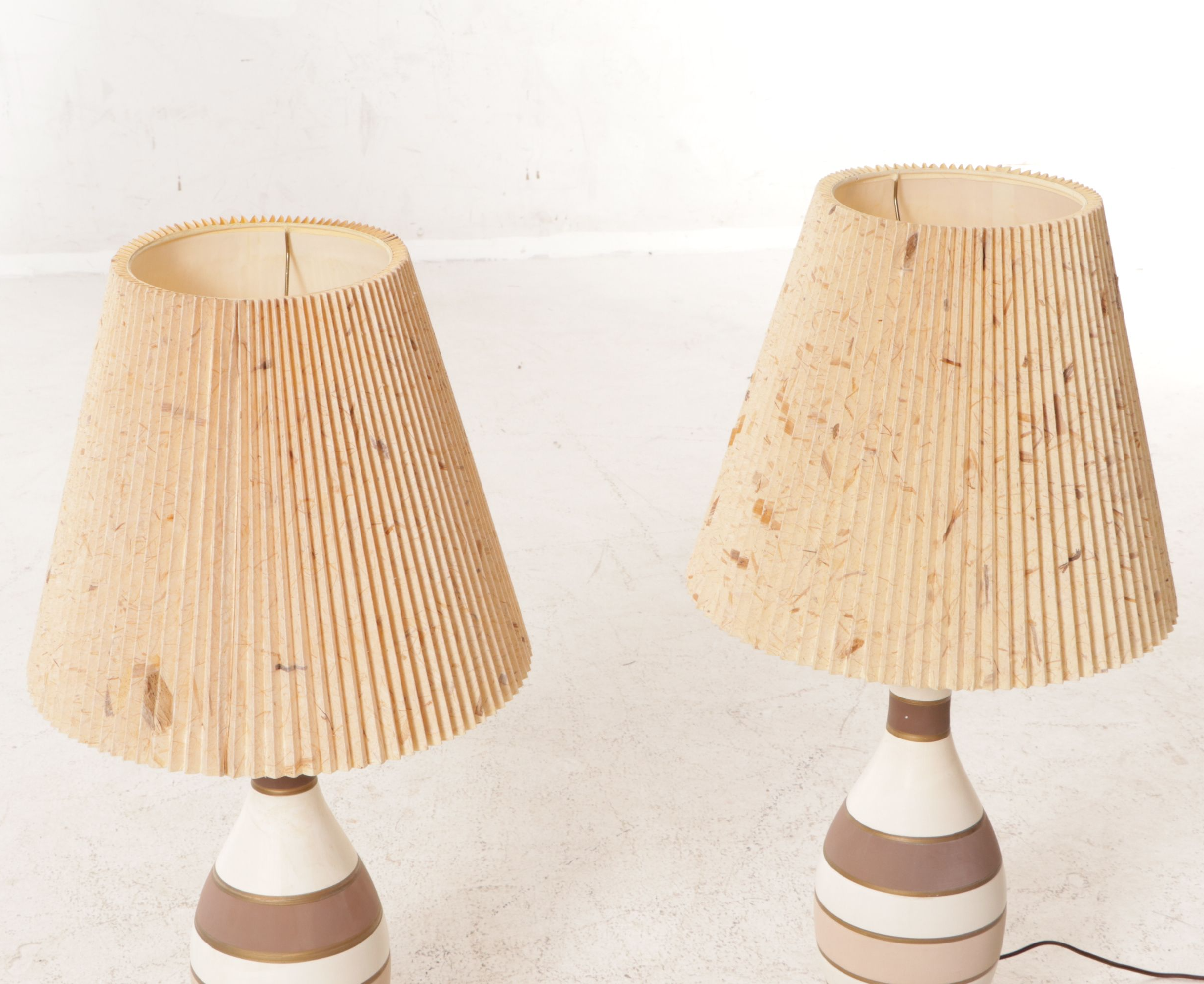 Mid Century Modern Striped Ceramic Table Lamps with Natural Fiber Pleated Shades