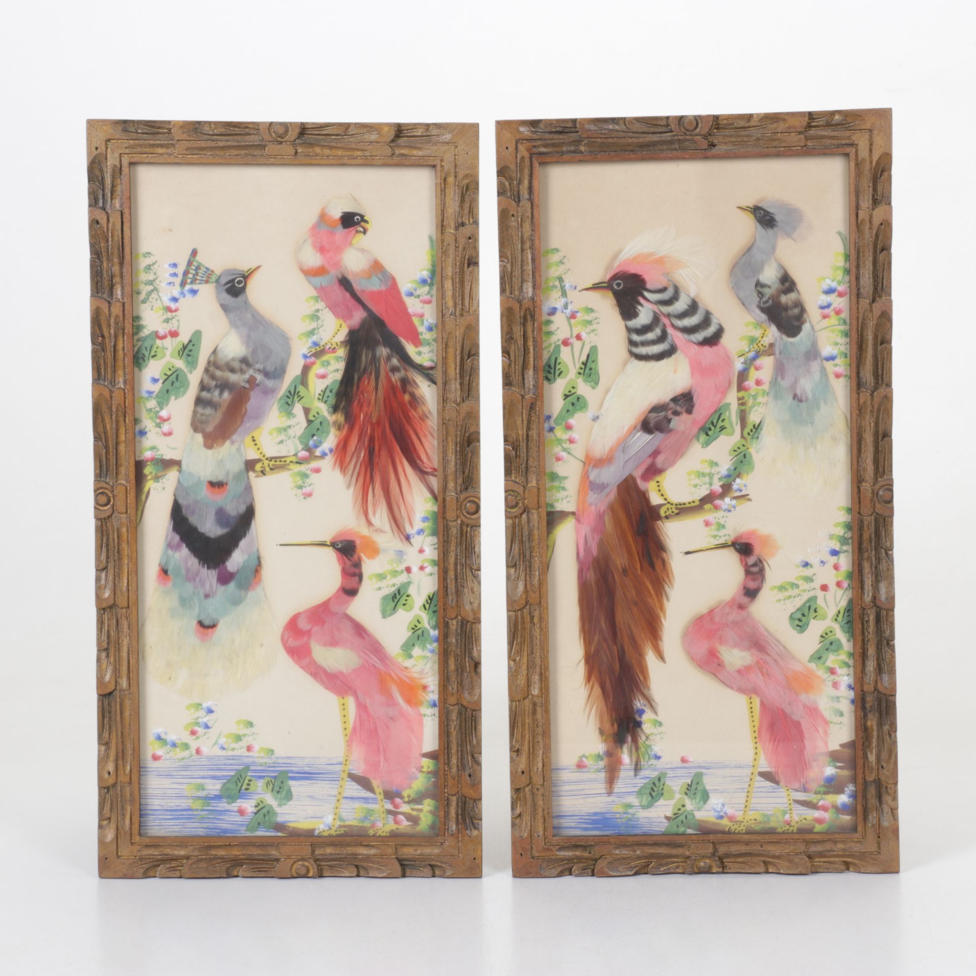 Mexican Feathercraft Compositions of Various Birds, Early to Mid-20th Century