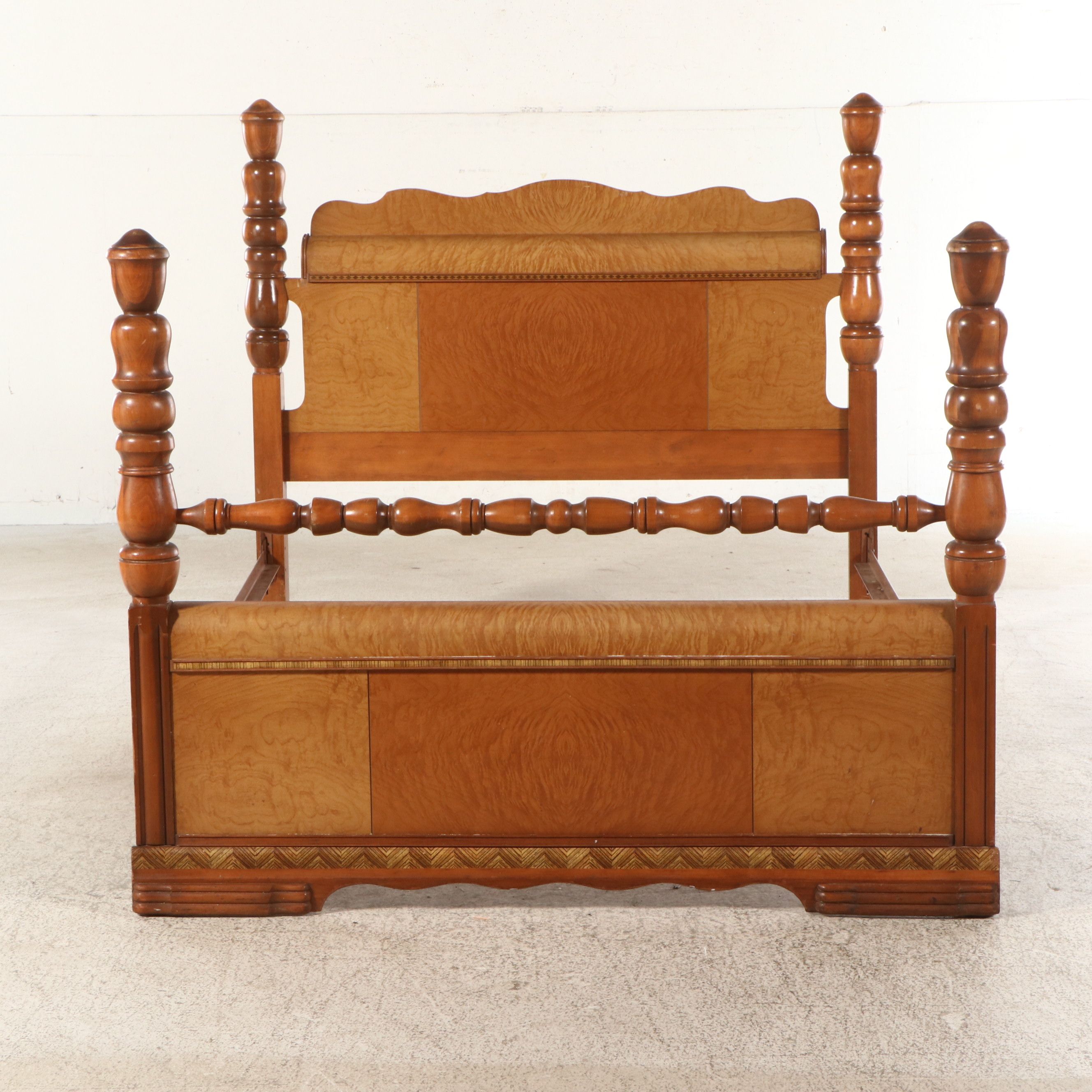 American Art Deco Style Maple and Mixed Wood Four-Poster Bed Frame