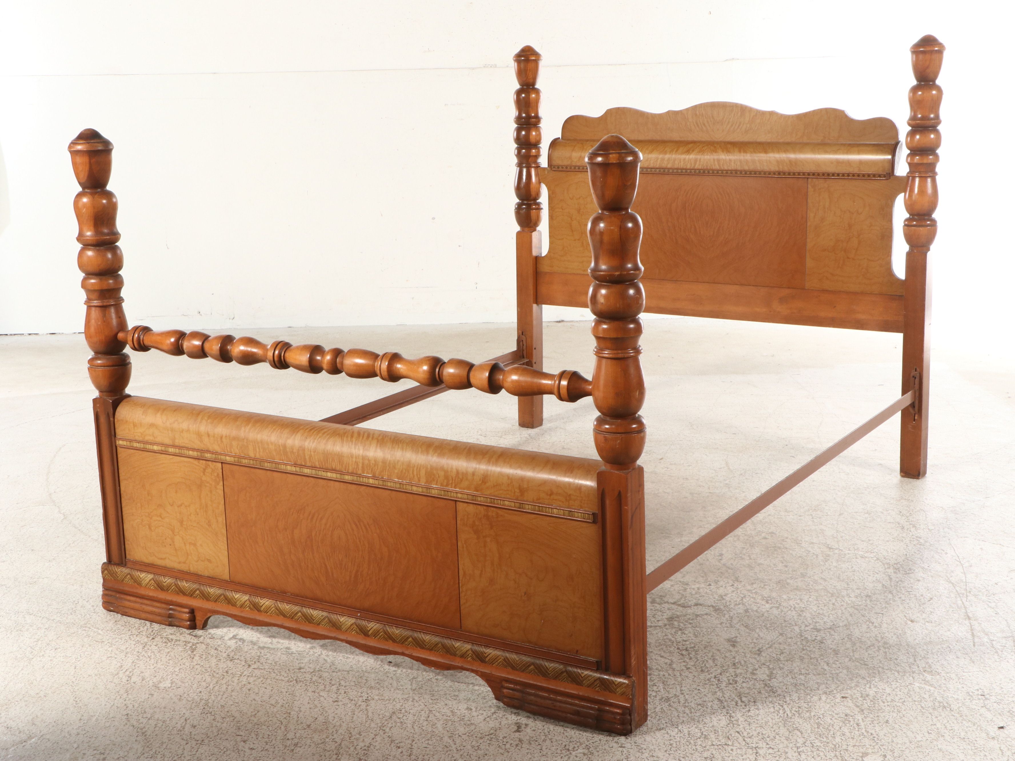 American Art Deco Style Maple and Mixed Wood Four-Poster Bed Frame