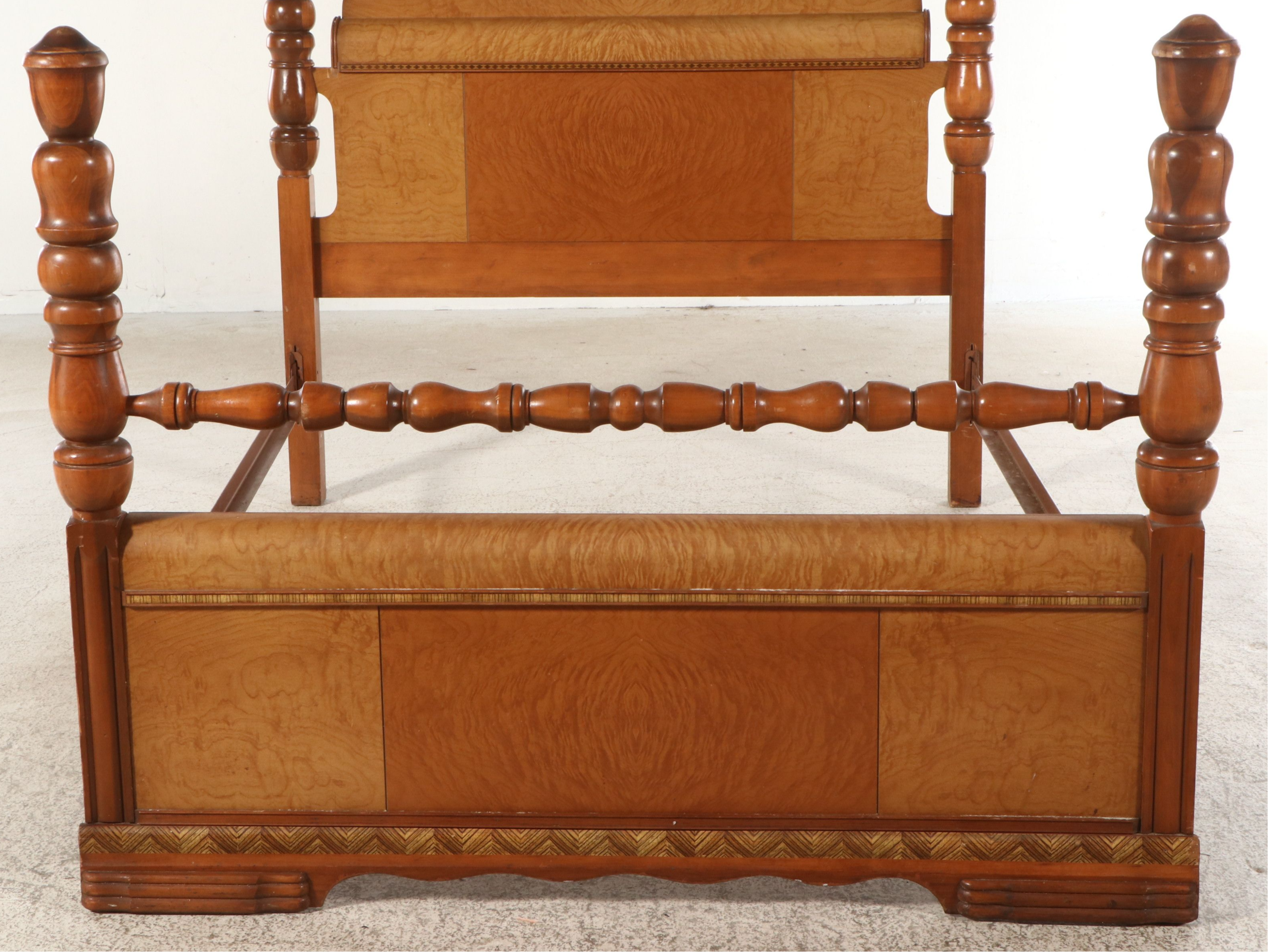 American Art Deco Style Maple and Mixed Wood Four-Poster Bed Frame