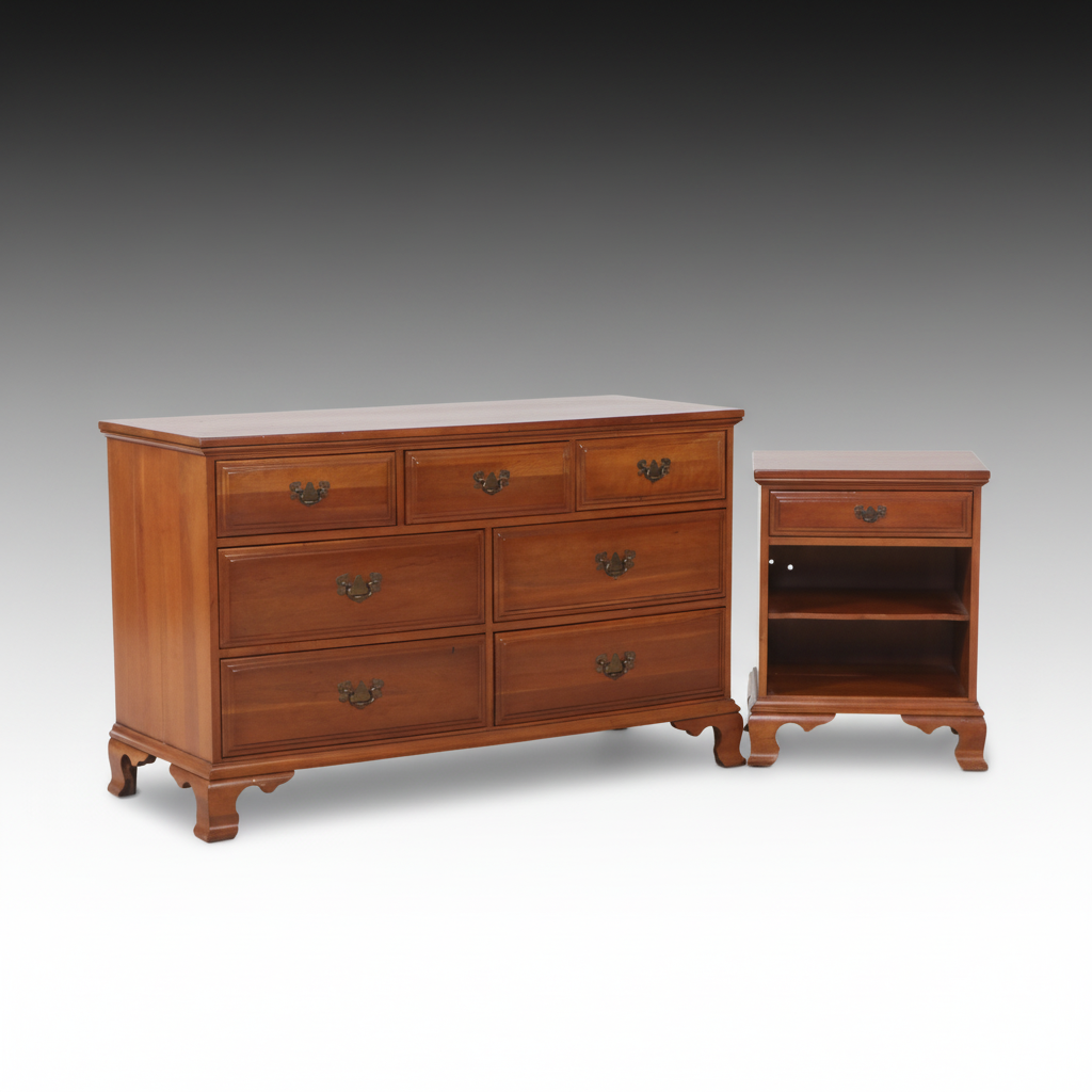 Davis Cabinet Co. Chippendale Style Cherry Chest of Drawers and Nightstand