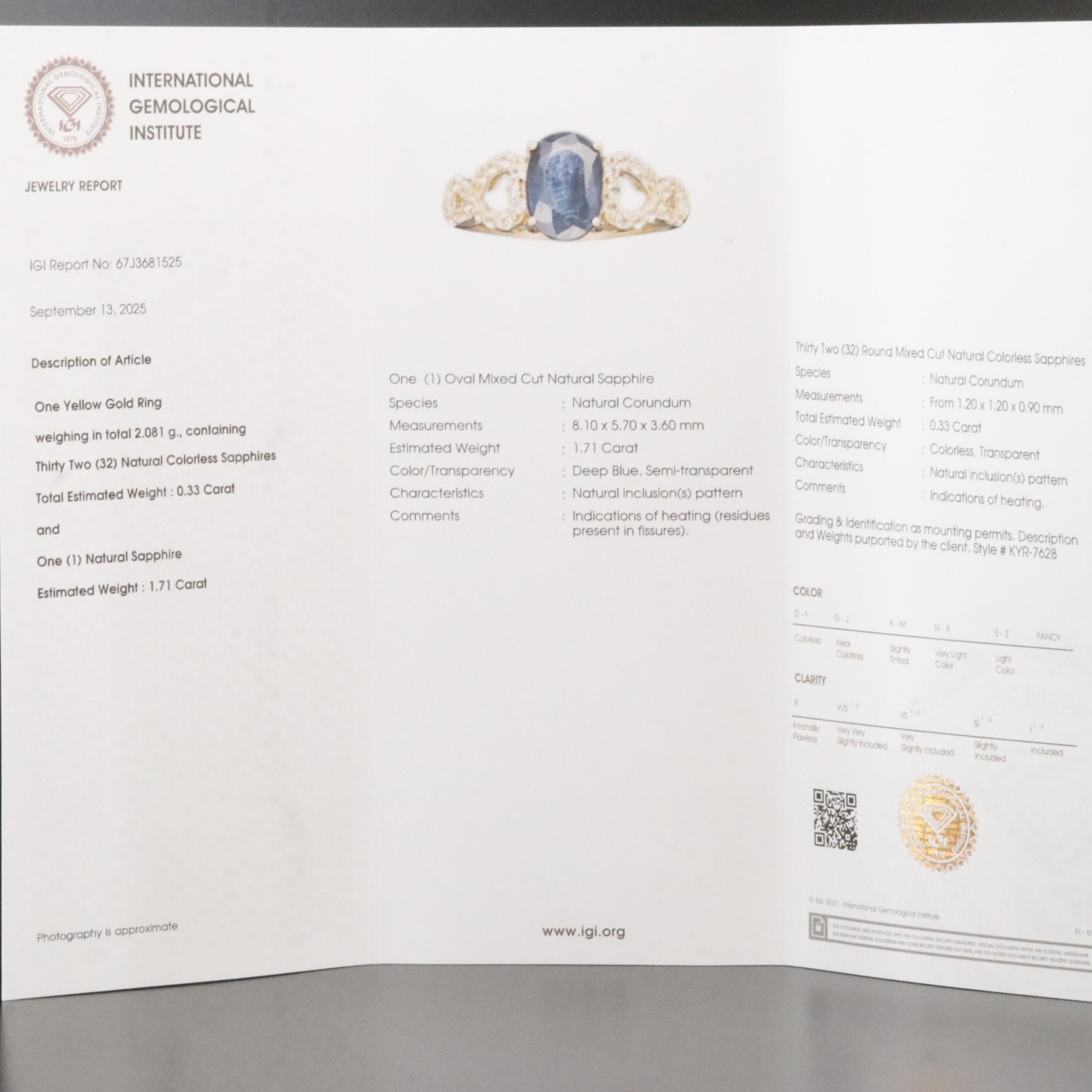 14K 1.71 CT Sapphire and White Sapphire Ring with IGI Jewelry Report