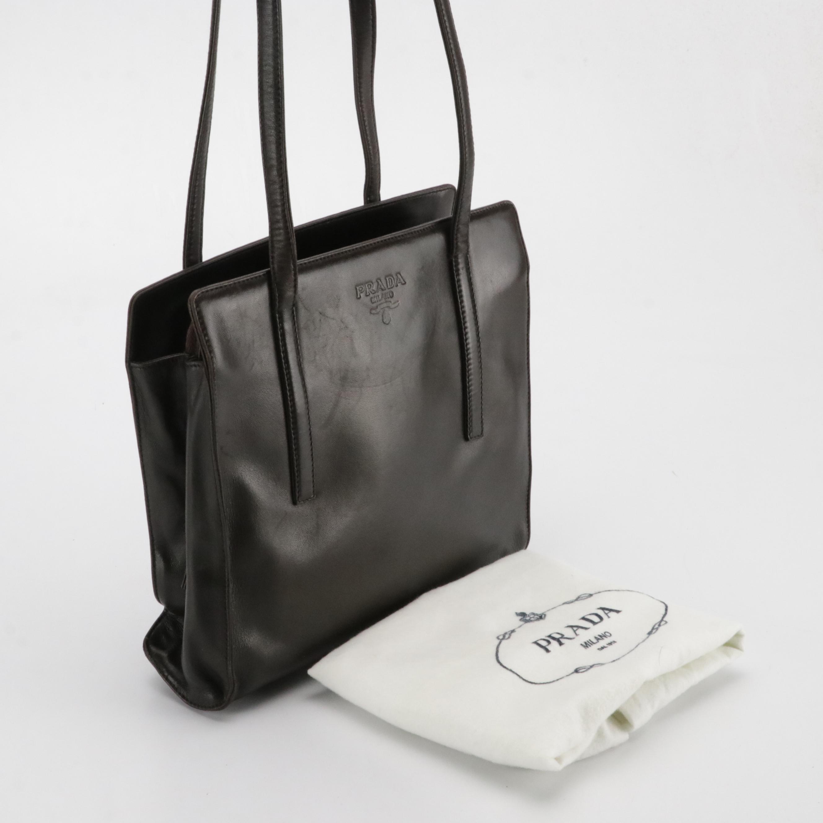 Prada Middle Zip Tote in Dark Brown Lambskin Leather