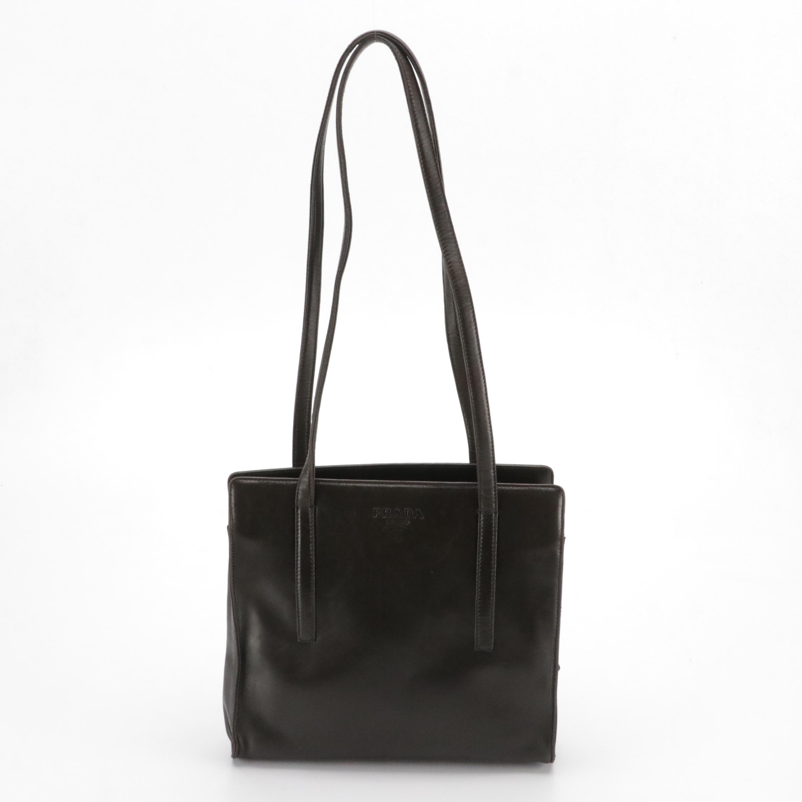 Prada Middle Zip Tote in Dark Brown Lambskin Leather