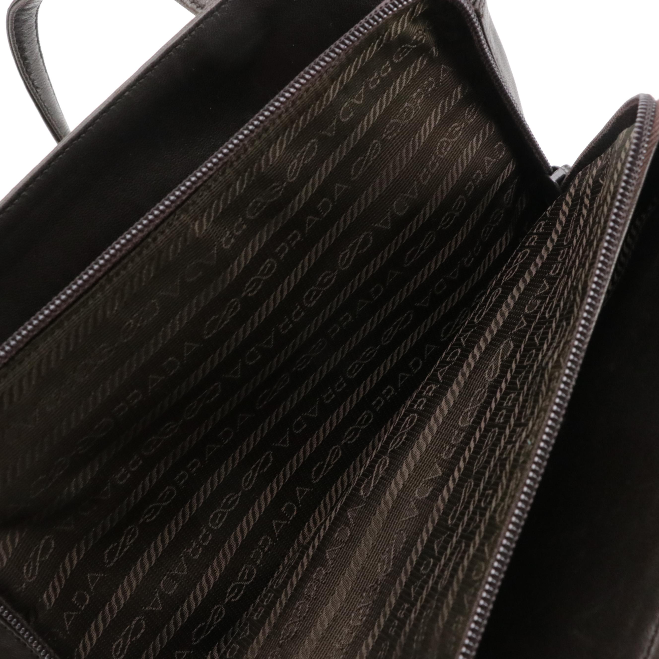 Prada Middle Zip Tote in Dark Brown Lambskin Leather